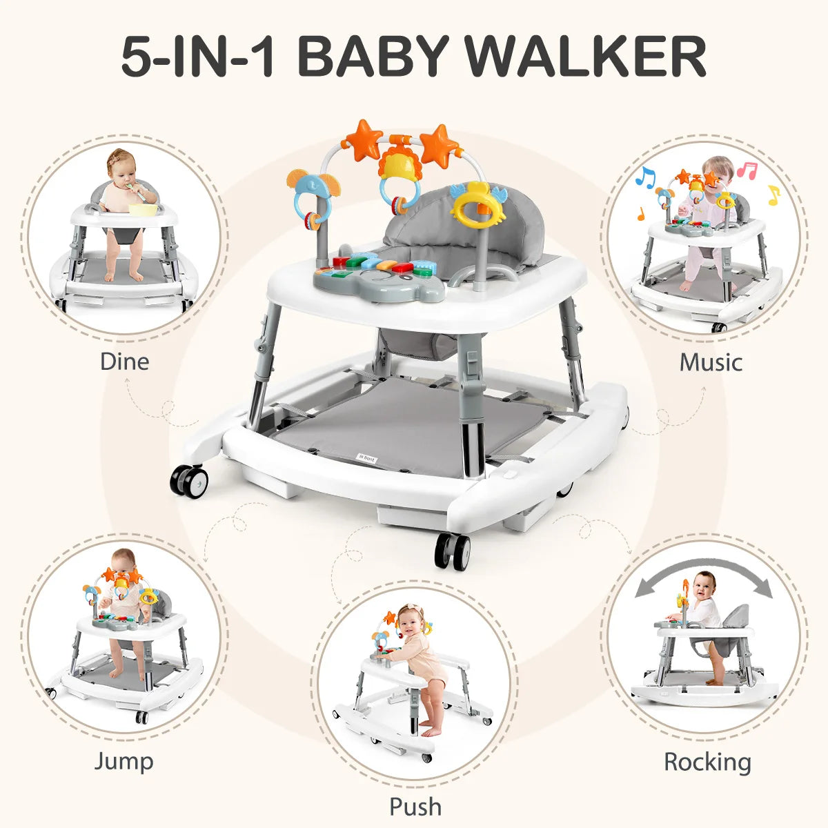 5-in-1 Baby Walker by S And B Enterprise; white and gray adjustable-height infant activity center with music toys