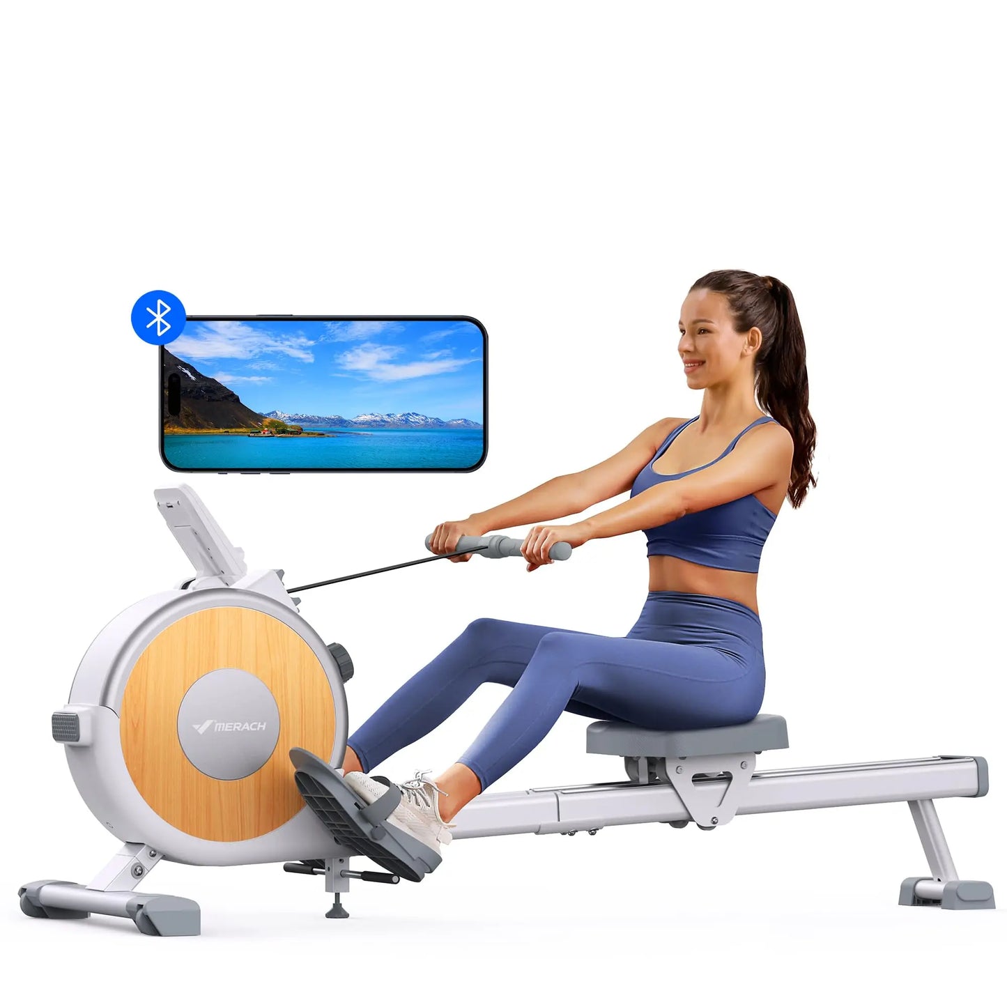 MERACH magnetic rowing machine with wooden flywheel; woman rowing in workout pose