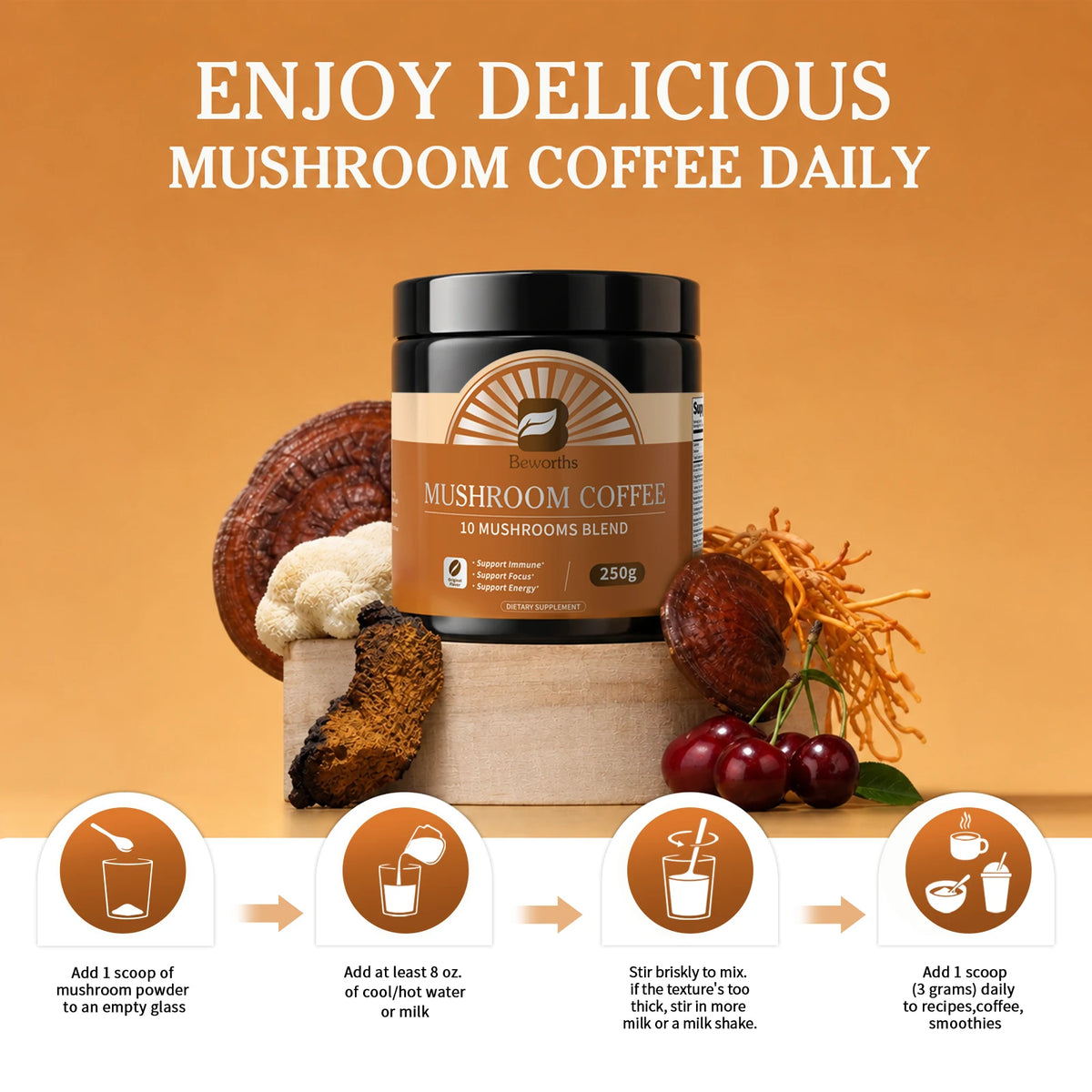 Mushroom coffee jar by Beworths, orange label, 250g, 10-mushroom blend