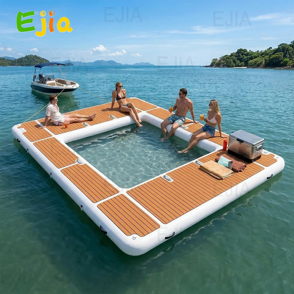 Ejia 13ft x 10ft inflatable dock with wood-plank deck, floating pool platform for yacht/boat use