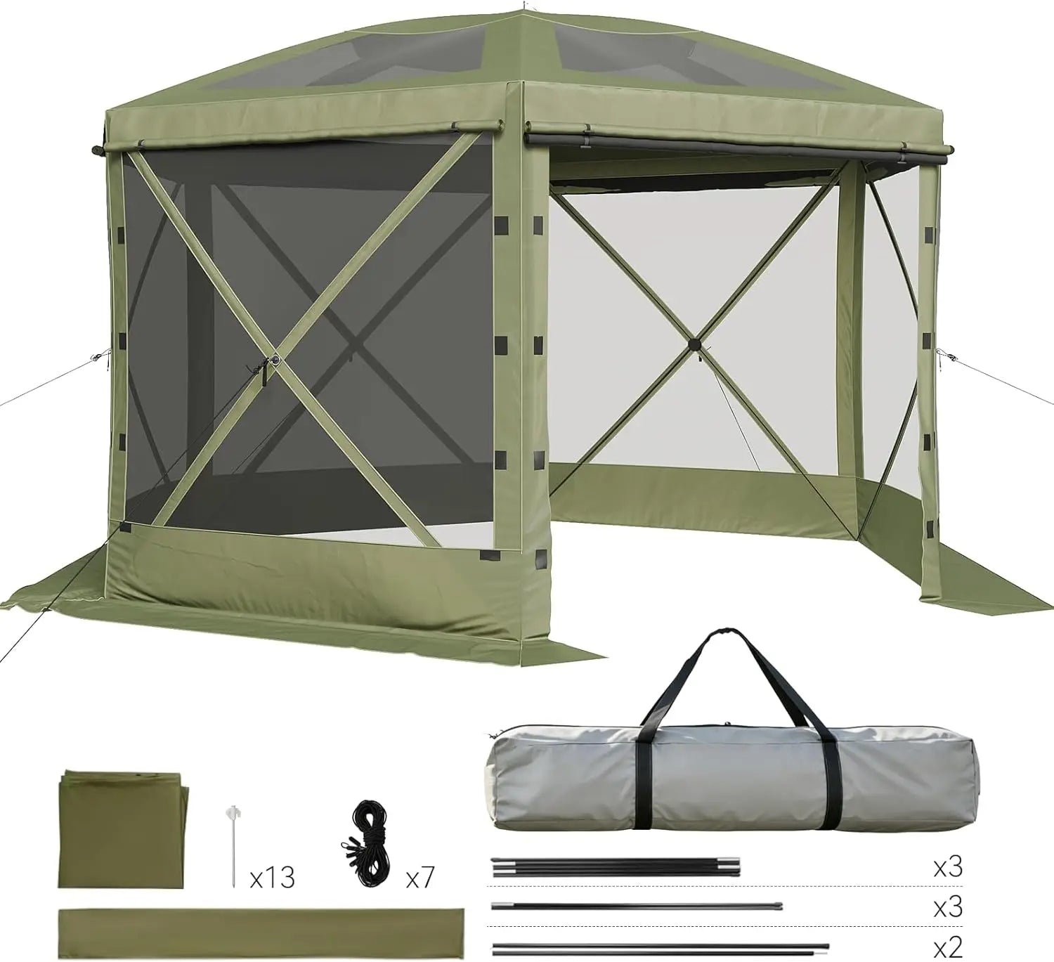 Olive green Aoxun 12x12ft pop-up tent with six-screen mesh windows and removable top; portable outdoor pavilion with windcloth.