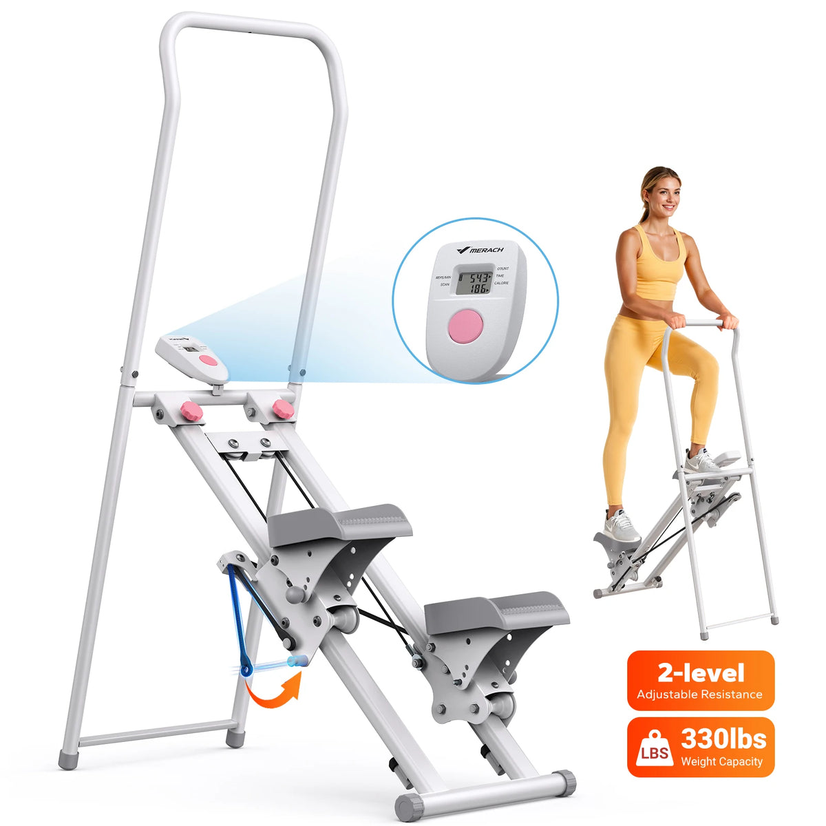 MERACH stair stepper by S And B Enterprise, white folding climber with pink knob and monitor