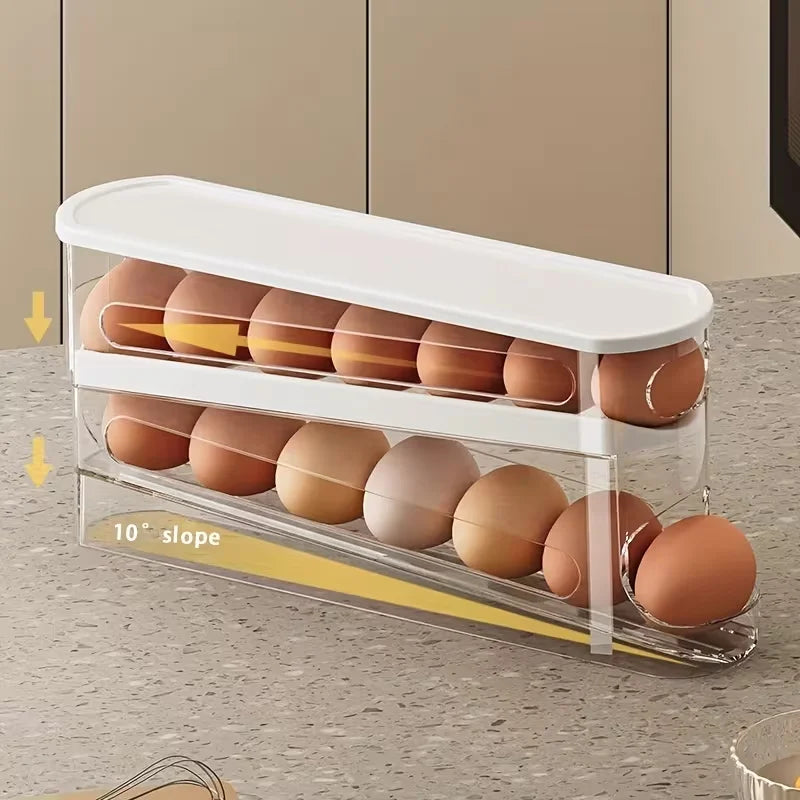Bilayer Fridge Egg Storage Box Automatic Rolling Eggs Holder Rack Ladder Style Refrigerator Eggs Dispenser Egg Organizer Holder