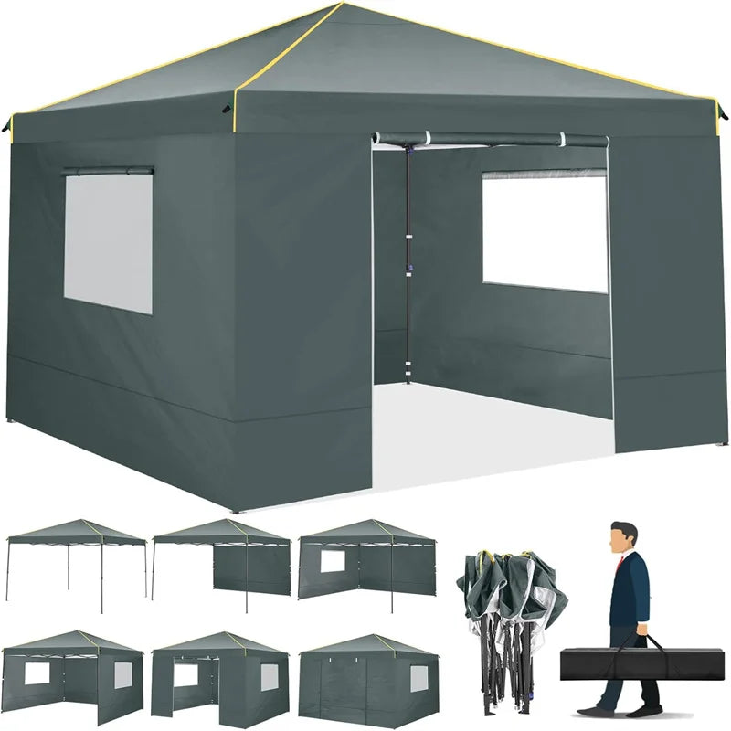 Green 10x10 ft pop-up canopy tent with yellow trim, sidewalls, roll-up ventilated windows, mosquito net