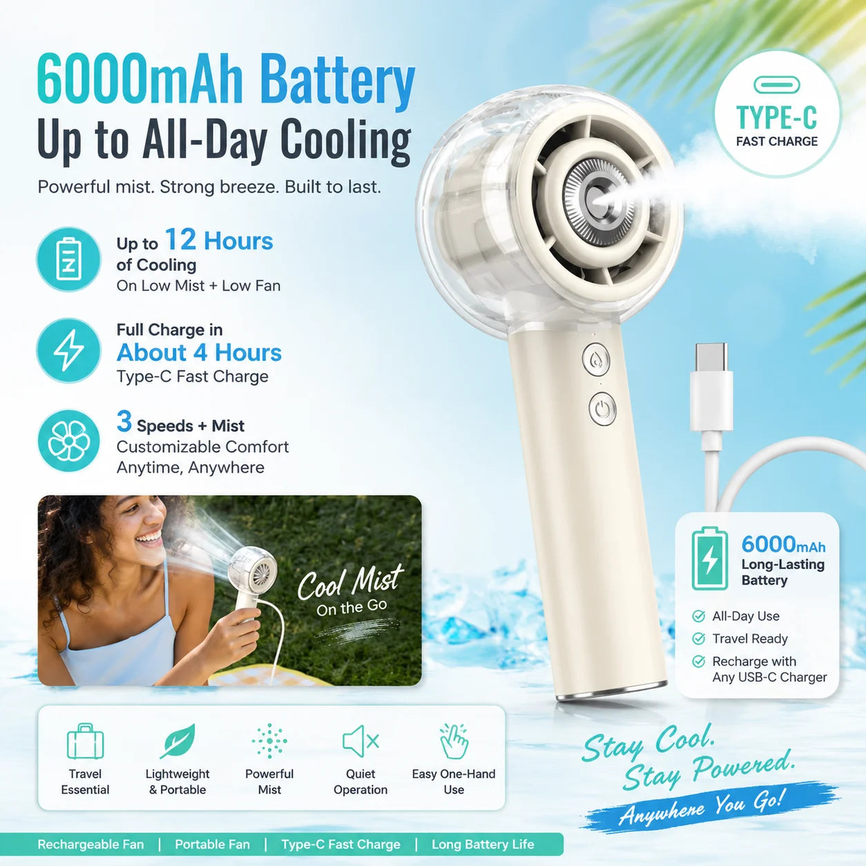 Portable Misting Handheld Fan 6000mAh Rechargeable Battery For Travel by S And B Enterprise