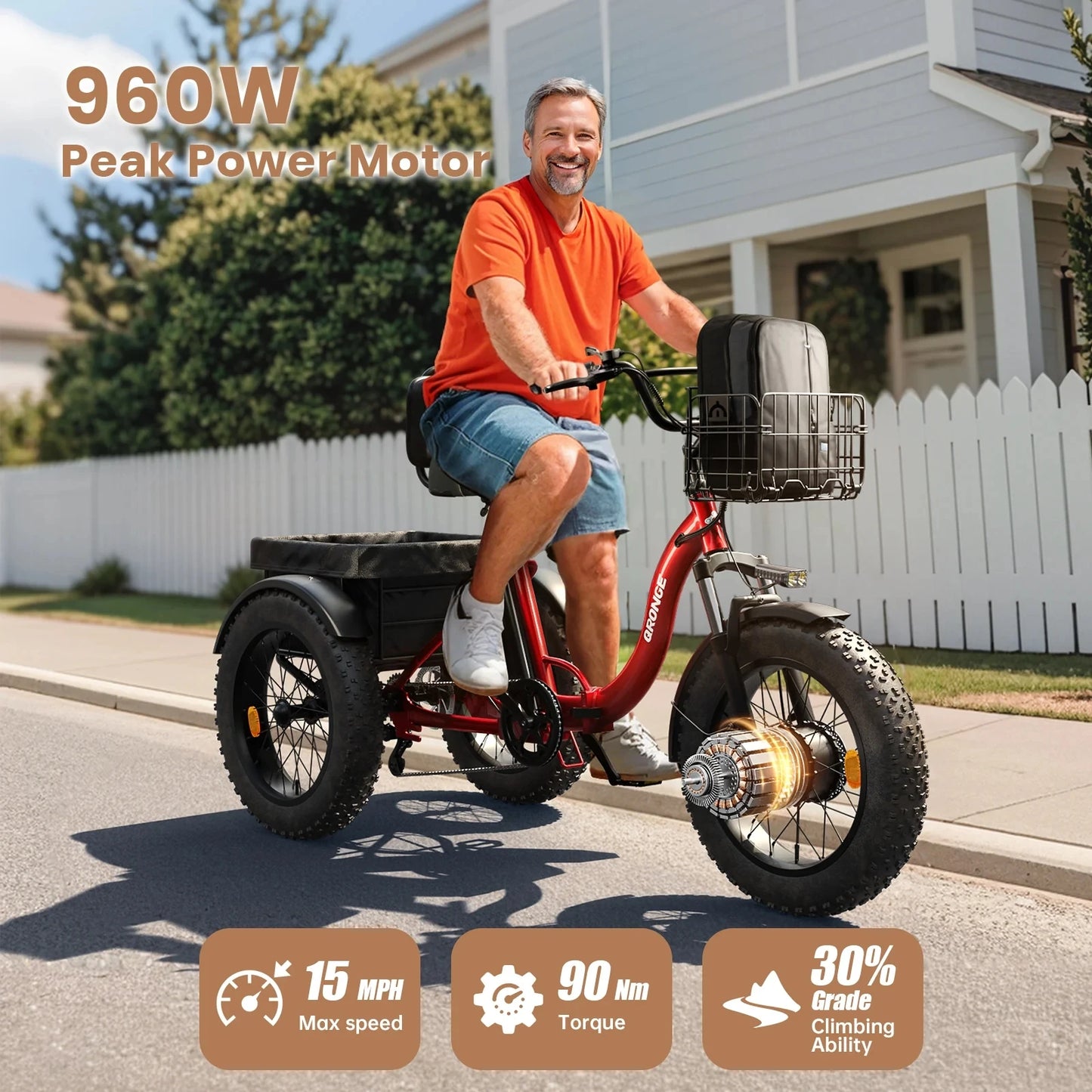 QRONGE Electric Bike For Adults 960W Peak Folding Tricycle