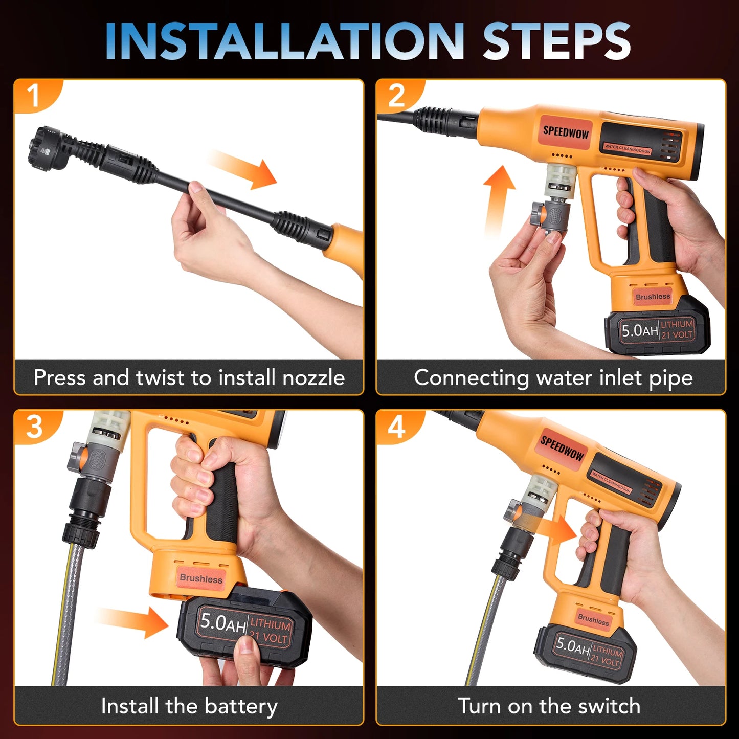 Portable cordless pressure washer 1060 PSI, 2.8 GPM with brushless motor and 6-in-1 adjustable nozzle