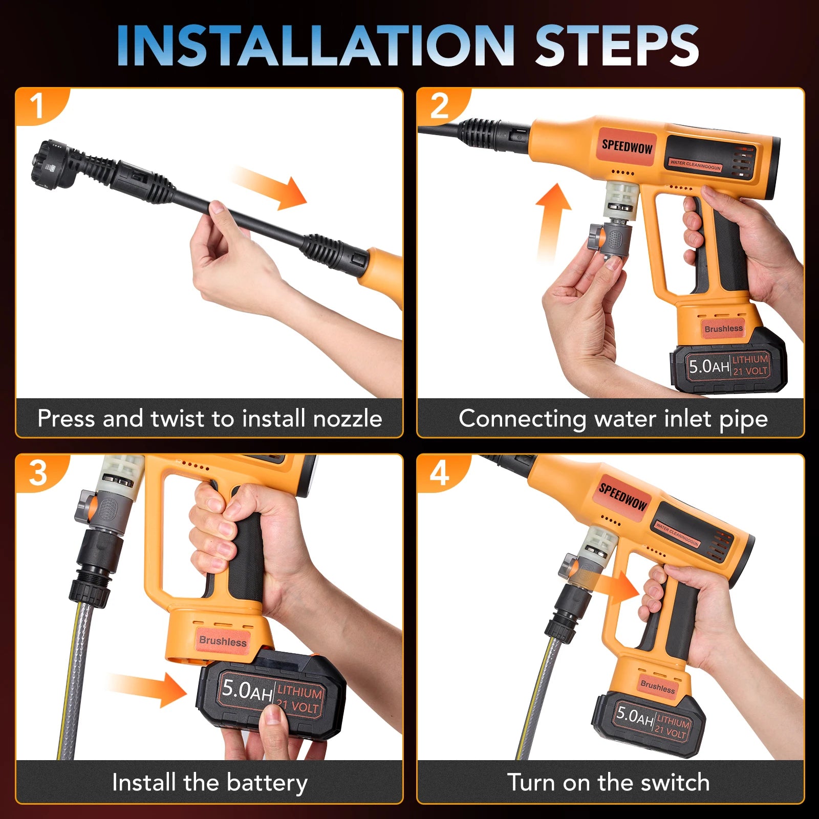 Portable cordless pressure washer 1060 PSI, 2.8 GPM with brushless motor and 6-in-1 adjustable nozzle
