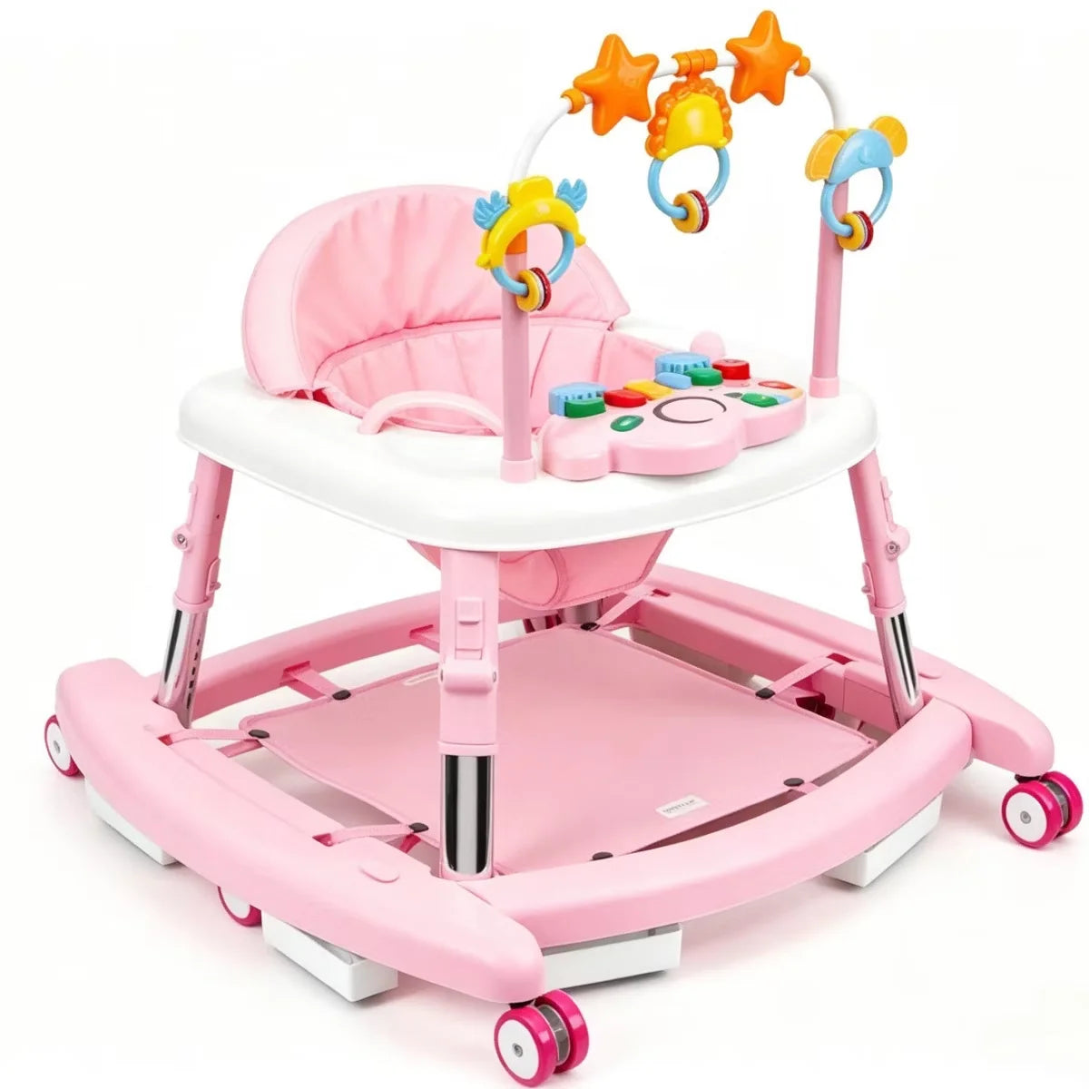 Pink 5-in-1 baby walker with music toy arch, adjustable height, and foldable frame for infants