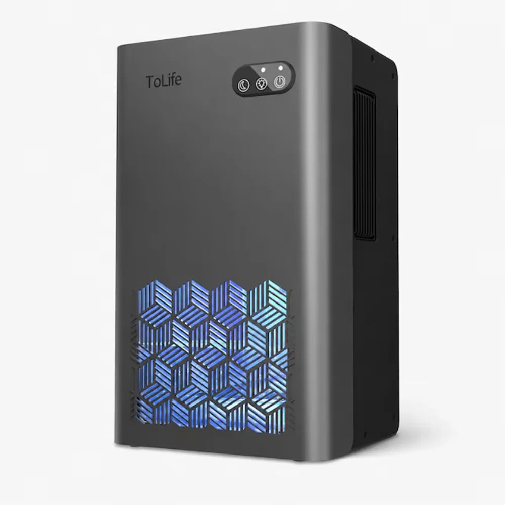 Portable dehumidifier by ToLife; quiet black unit with auto shutoff.