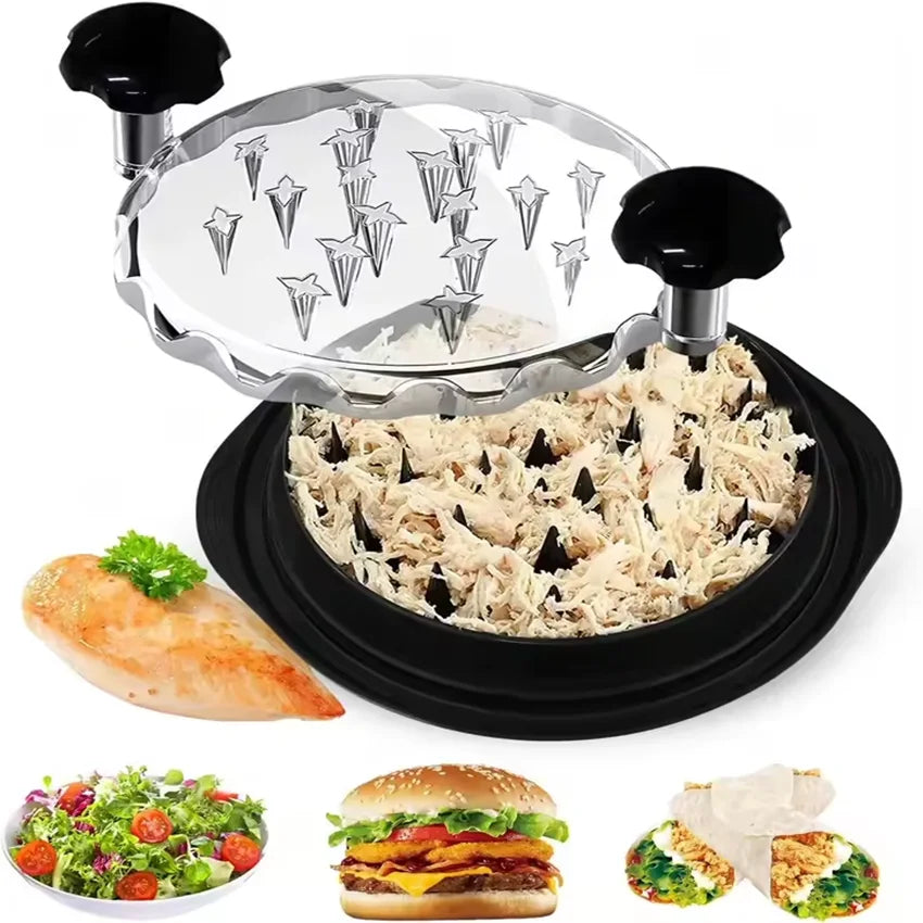 Multi-functional chicken meat shredder with black base and clear lid, shredded meat inside