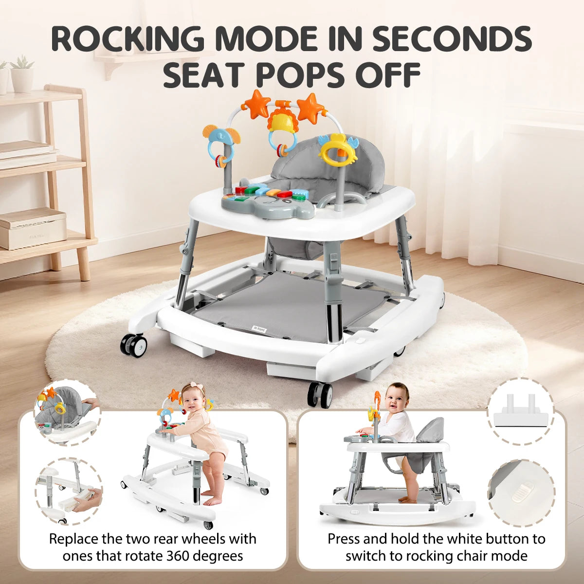 S And B Enterprise 5-in-1 baby walker with adjustable height and foldable activity center in white and gray