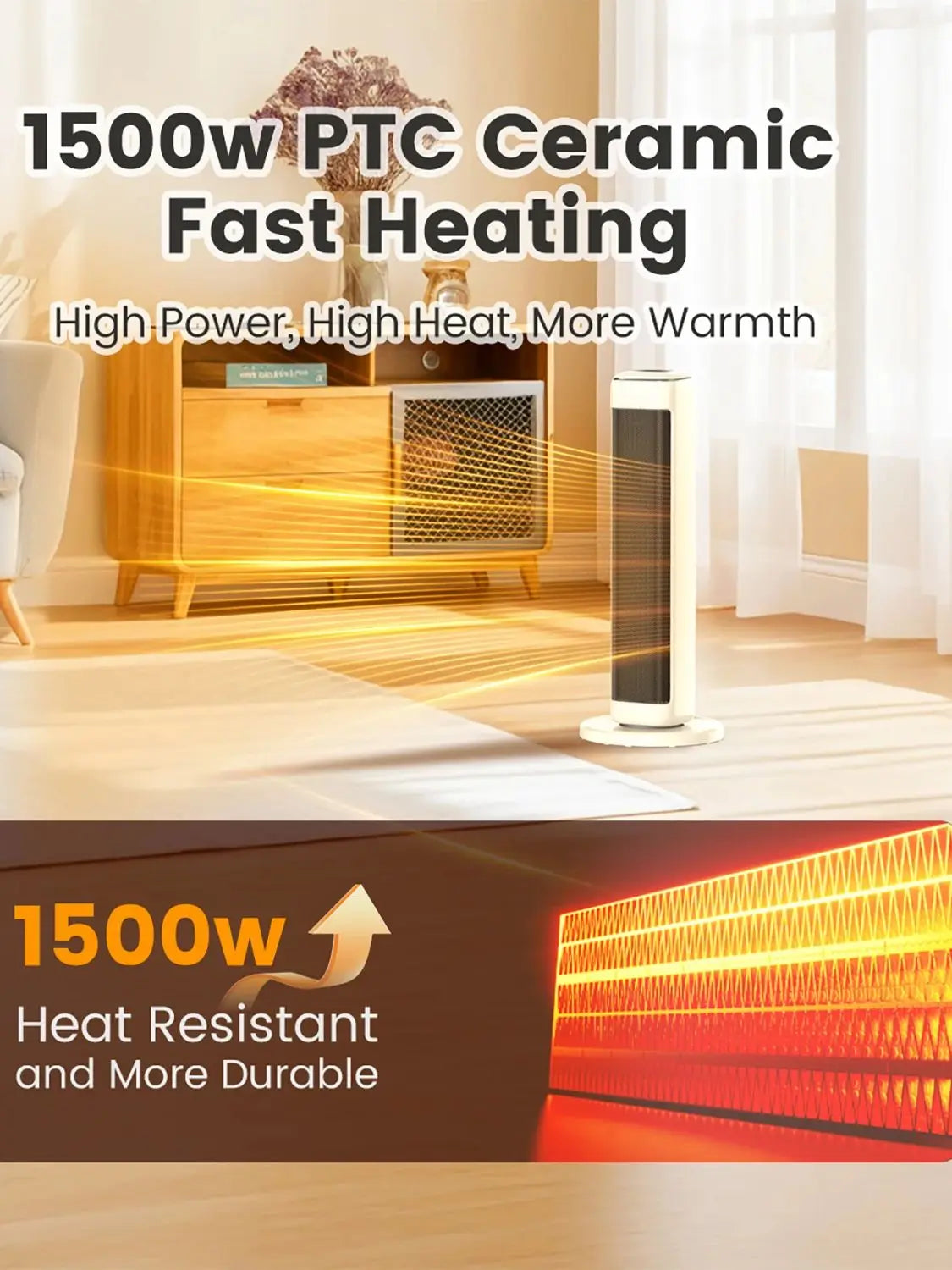 Airmate 25-inch ceramic tower space heater with thermostat in white for indoor large rooms