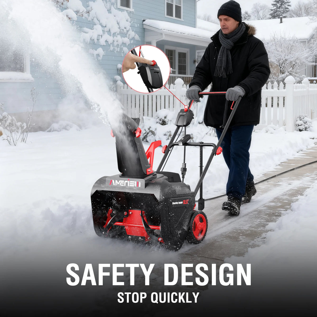 PowerSmart 15A electric snow thrower, 21-inch, red and black with LED light, on a snowy sidewalk