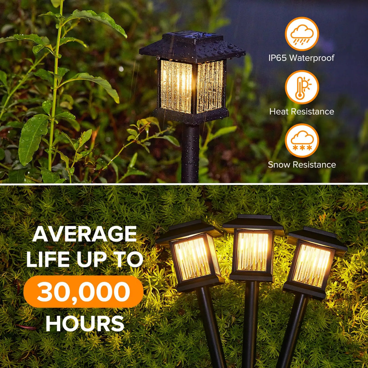 Solar pathway lights by S And B Enterprise; outdoor waterproof landscape lamps, black finish, set of four.