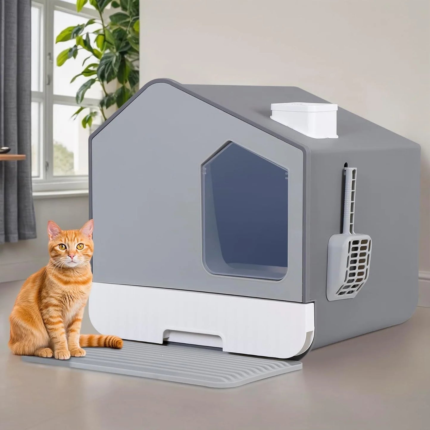 Enclosed Cat Litter Box With Hooded Top And Litter Scoop
