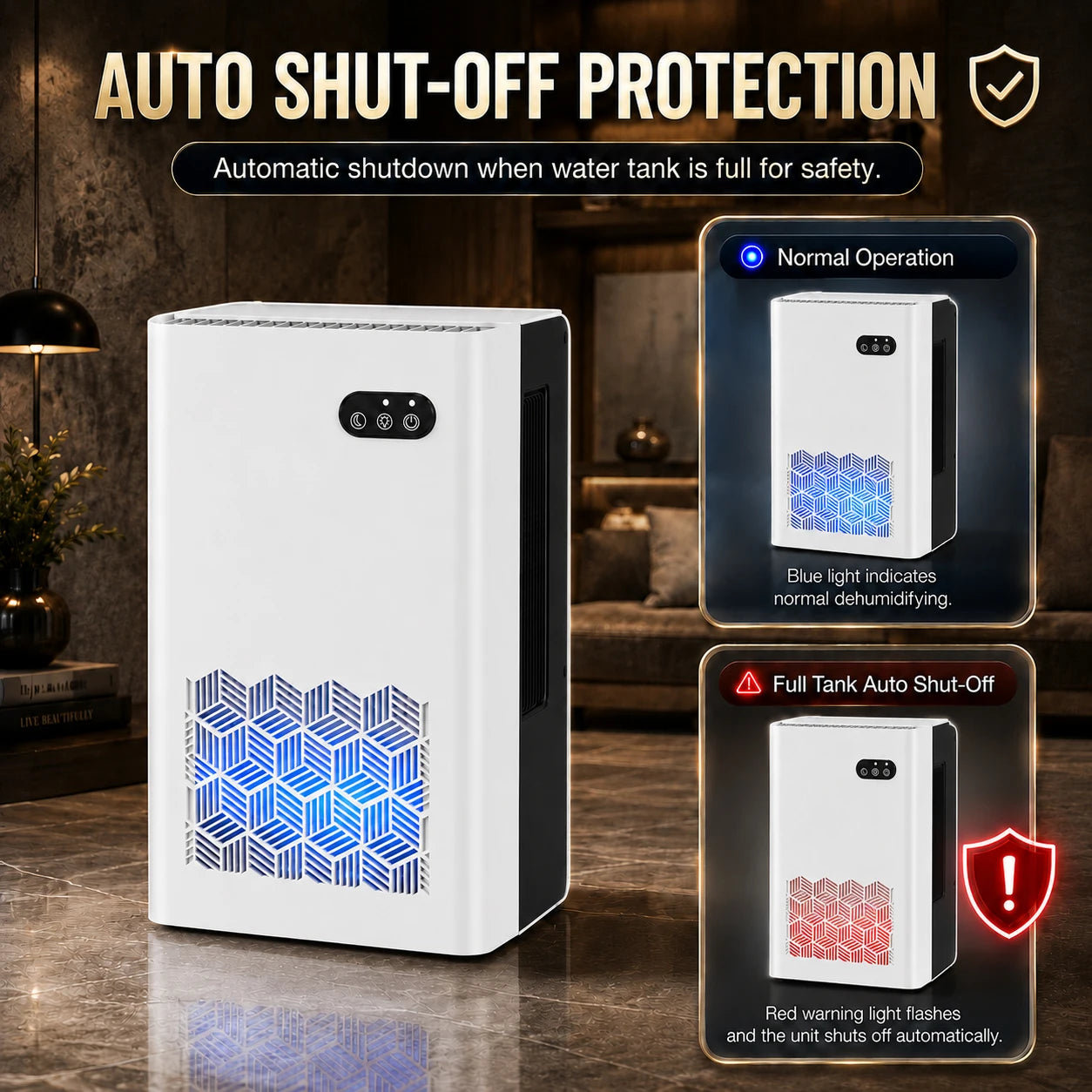 Quiet portable dehumidifier, white with blue lattice vent pattern and black control panel.