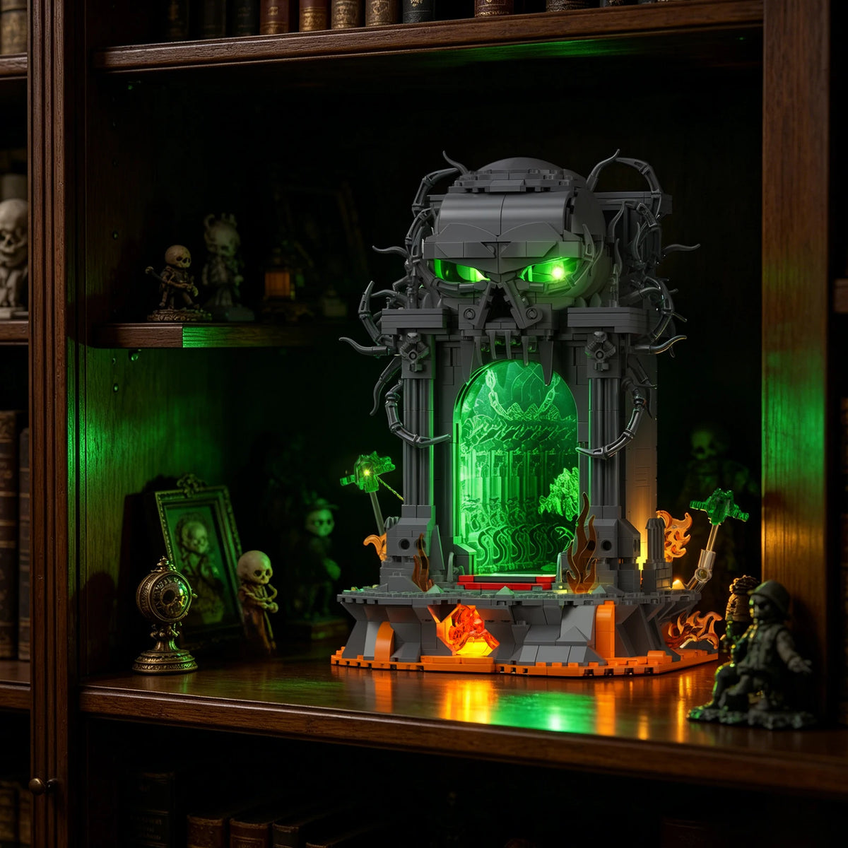 JMBricklayer 1144PCS dark portal LED light-up building blocks kit with gothic skull gate, green glow, S And B Enterprise