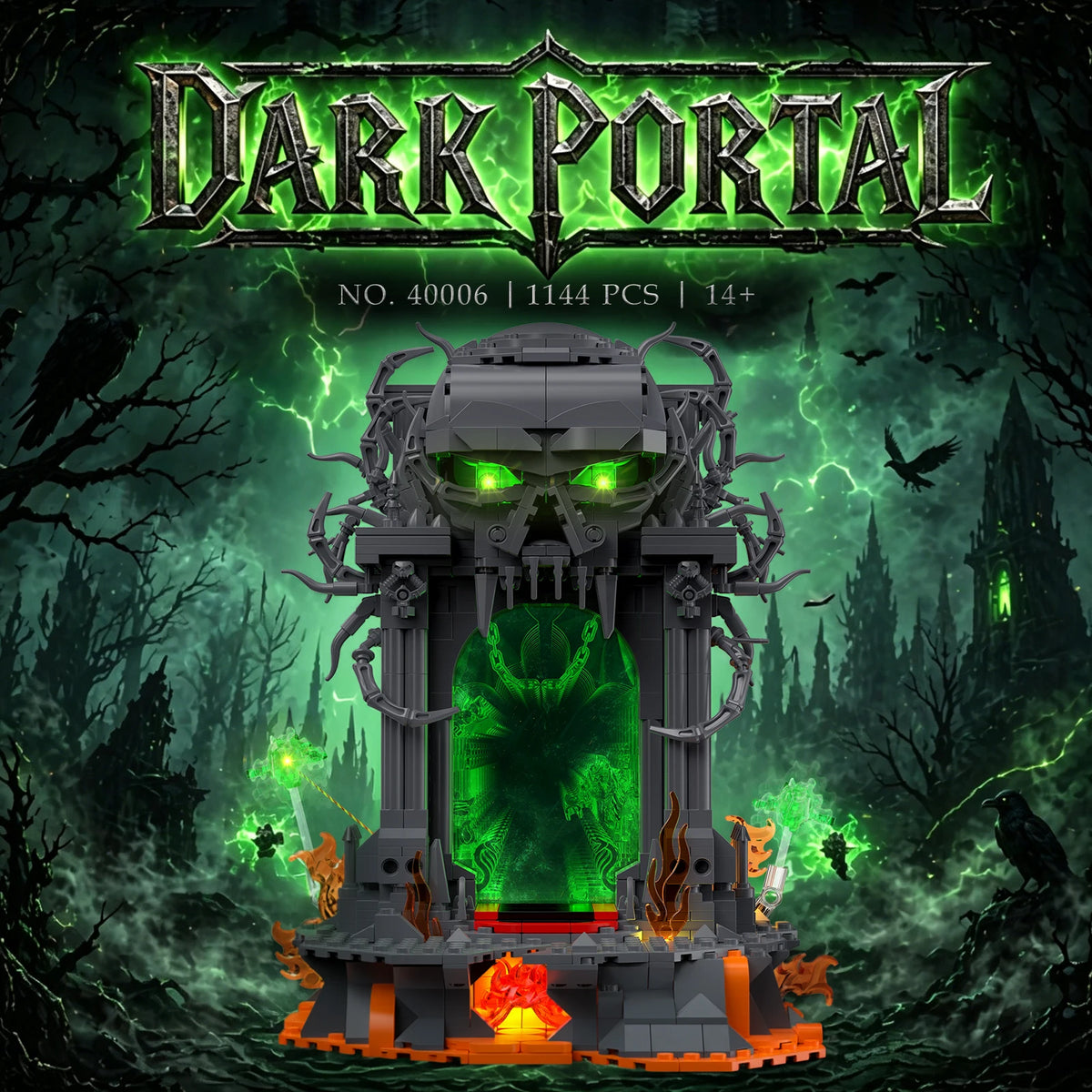 JMBricklayer 1144PCS Dark Portal LED light-up building blocks kit; gothic skull gate in dark gray with green LEDs