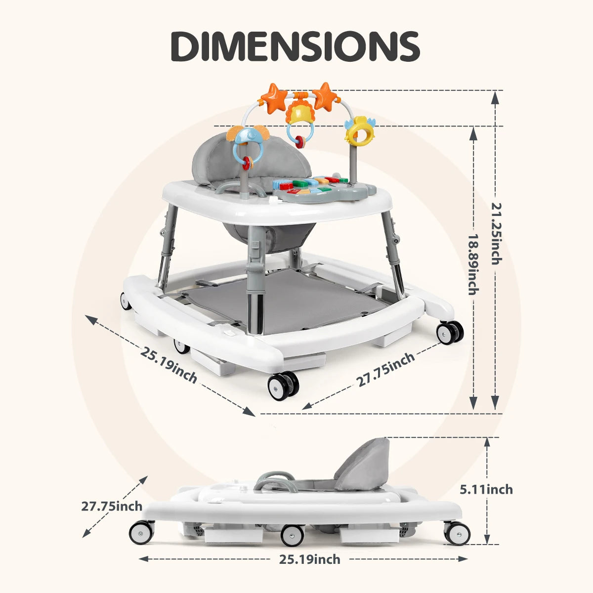 5-in-1 Baby Walker and Activity Center by S And B Enterprise; white-gray foldable, adjustable-height infant walker with music toys