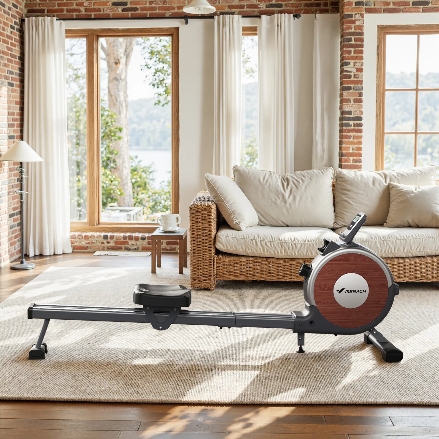 MERACH magnetic rowing machine with dual slide rails, 16-level quiet resistance, 350 lb capacity.