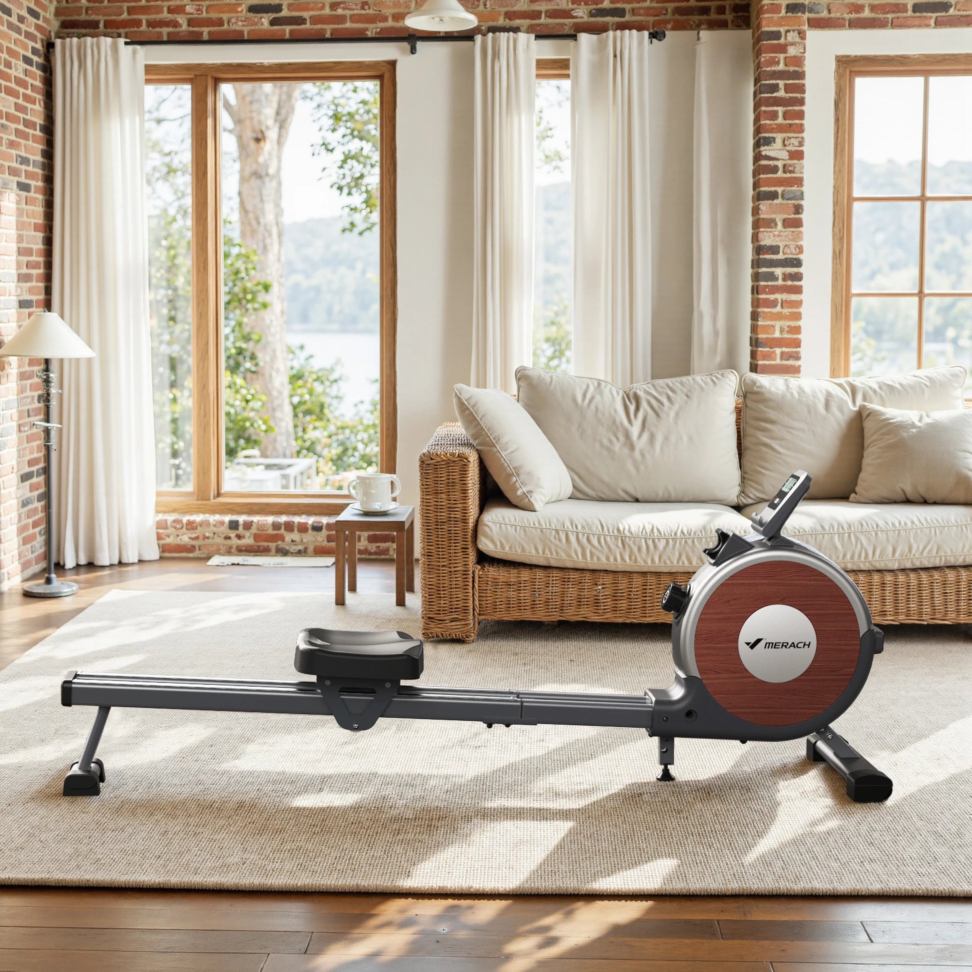 MERACH magnetic rowing machine with dual slide rails, 16-level quiet resistance, 350 lb capacity.