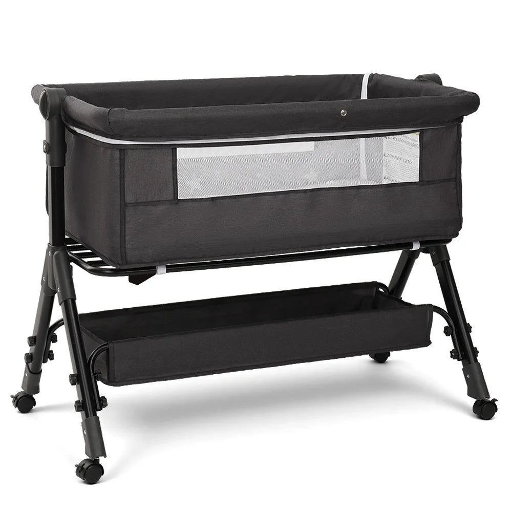 S And B Enterprise portable foldable 3-in-1 baby bassinet with bedside sleeper on wheeled frame, black fabric