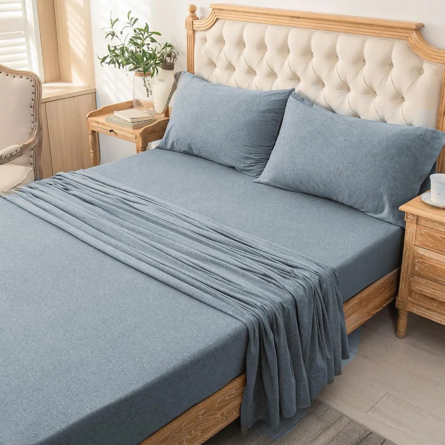 4-Piece 100% Cotton Jersey Knit Sheet Set – Ultra Soft & Breathable Bedding Set with Deep Pocket Fitted Sheet, Flat Sheet & 2 Pillowcases（Without Core） – Wrinkle Free, Machine Washable, Secure Fit & Cozy Comfort for A by S And B Enterprise