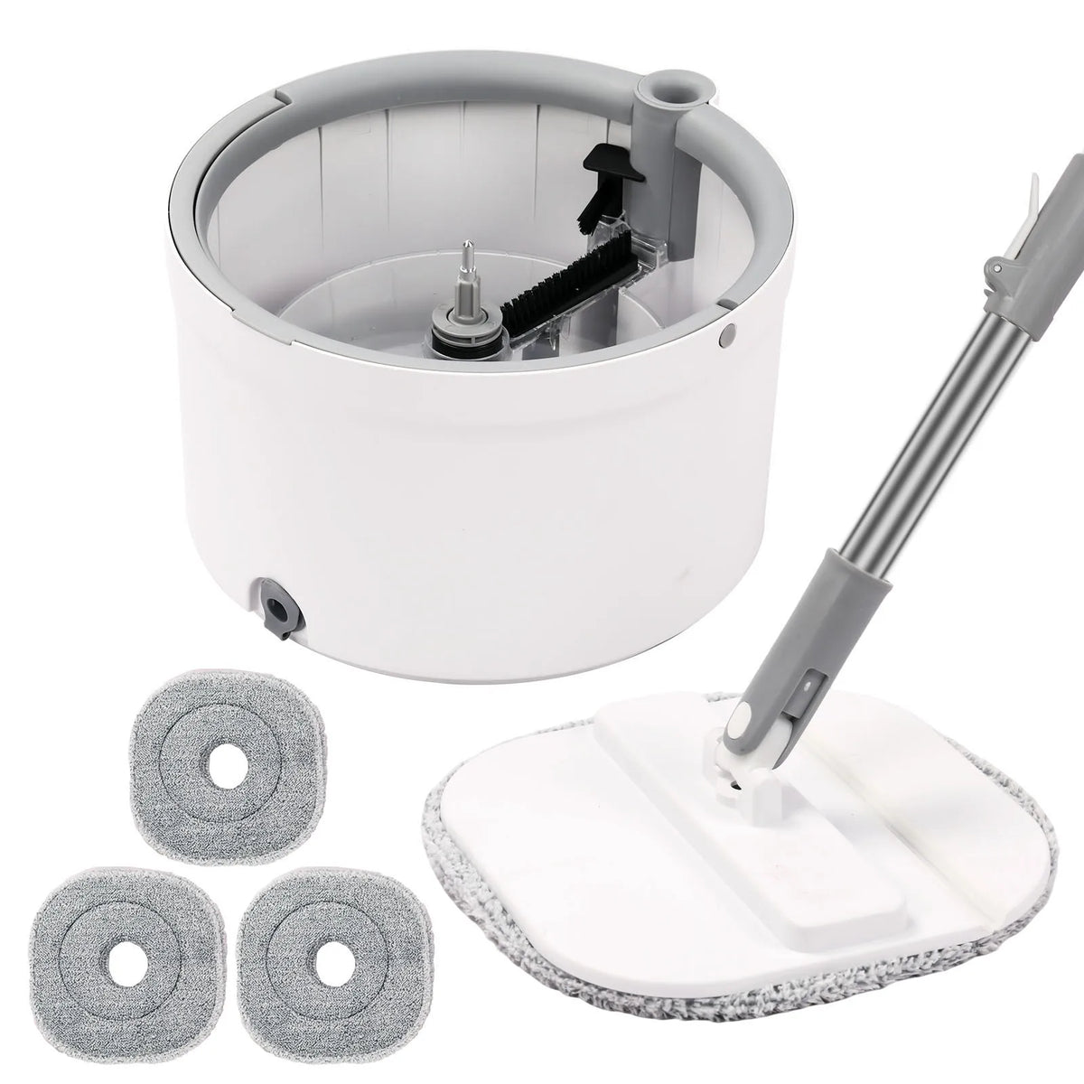 Round white mop bucket set with adjustable handle and self-wringing spin mop; dirty/clean water system, S And B Enterprise