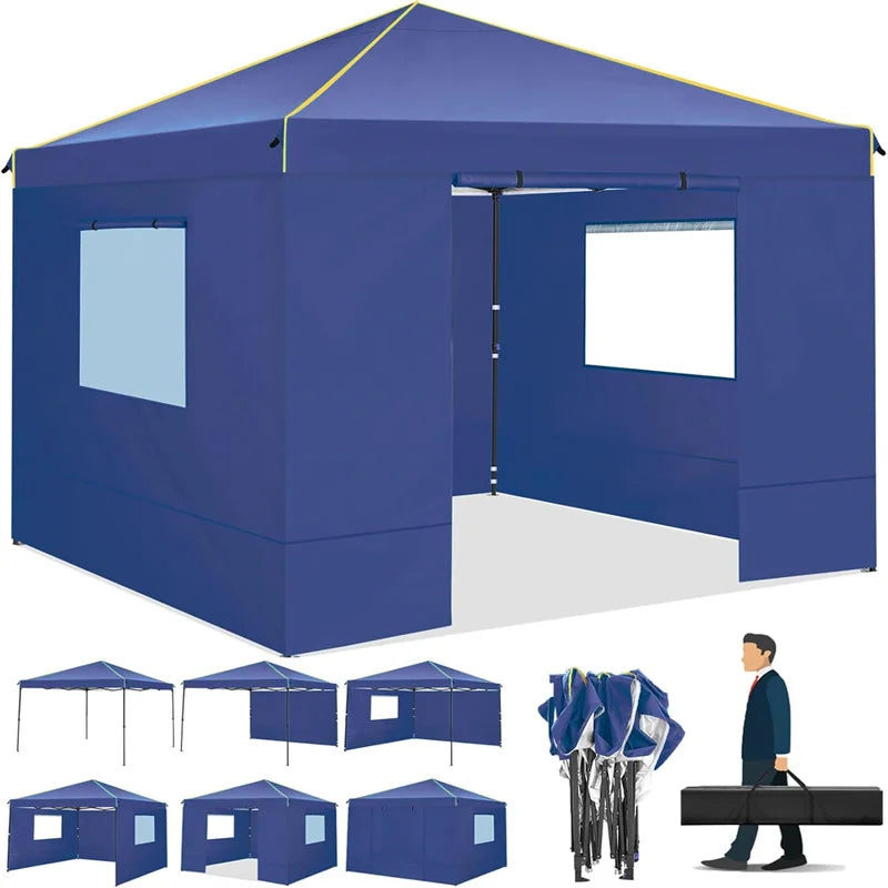 10x10 ft pop-up canopy tent with sidewalls and roll-up mosquito-net windows; blue fabric by S And B Enterprise