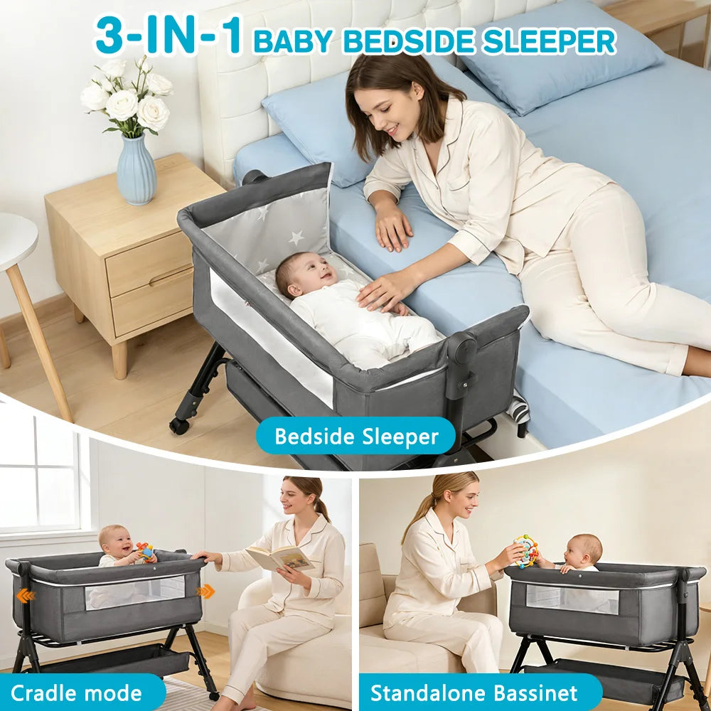 3-in-1 portable baby bassinet bedside sleeper in gray fabric with mesh sides for 0-18 months