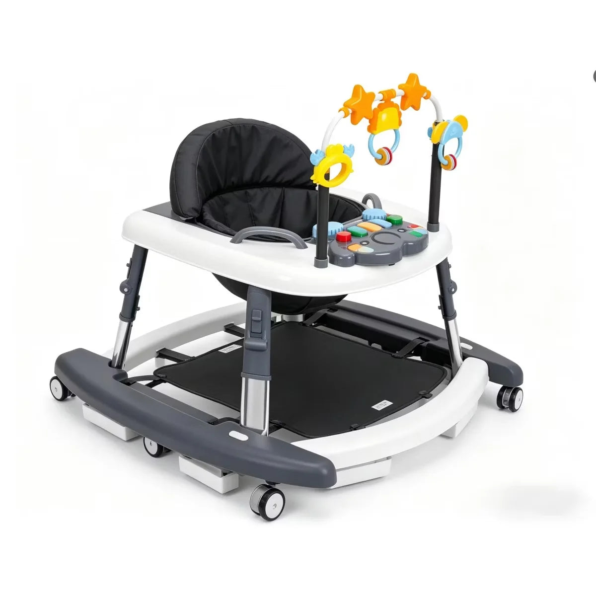 S And B Enterprise 5-in-1 baby walker with adjustable height; white/gray frame, black seat, toy arch.