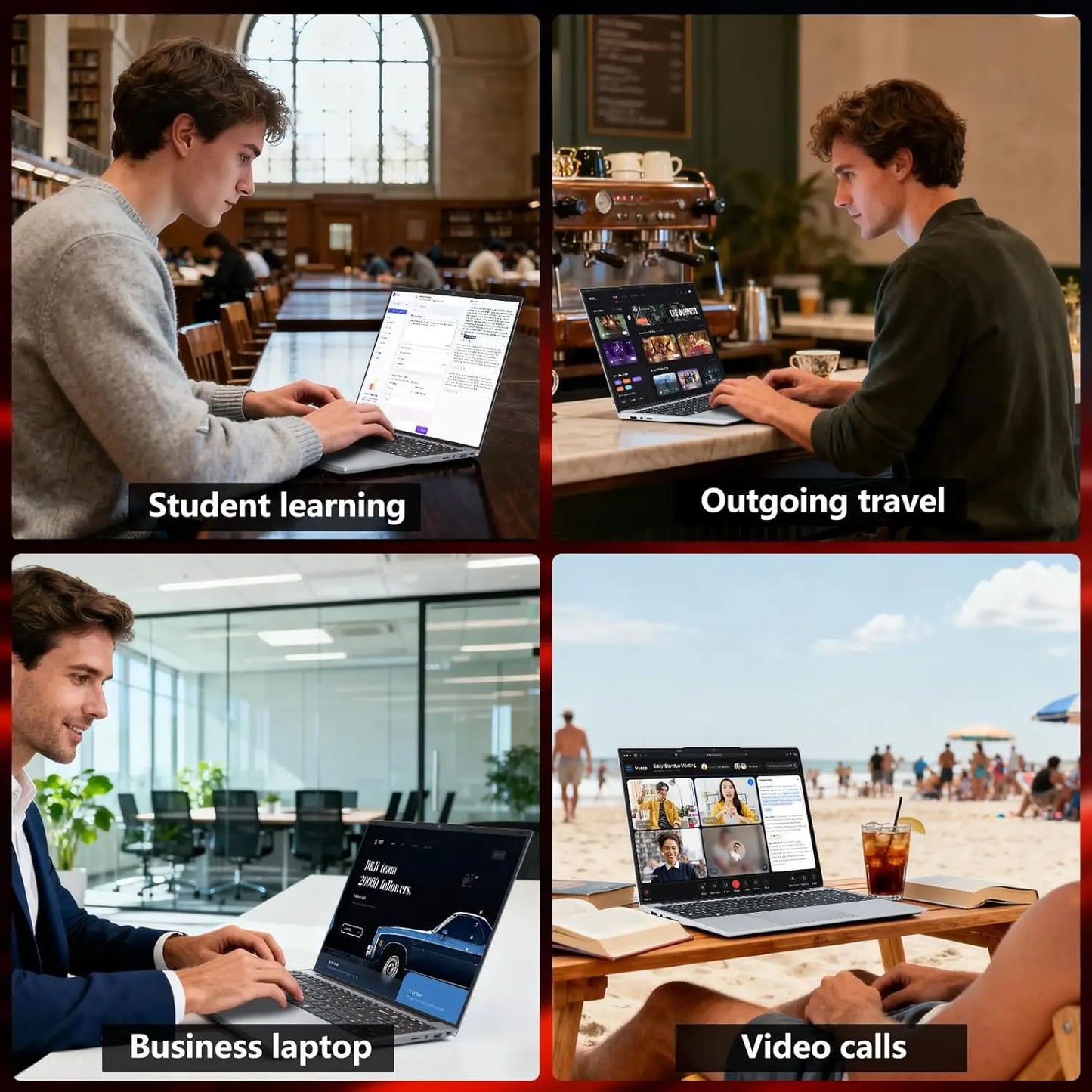 Ultra slim laptop from S And B Enterprise shown in 6 lifestyle scenes: study, travel, business, video calls