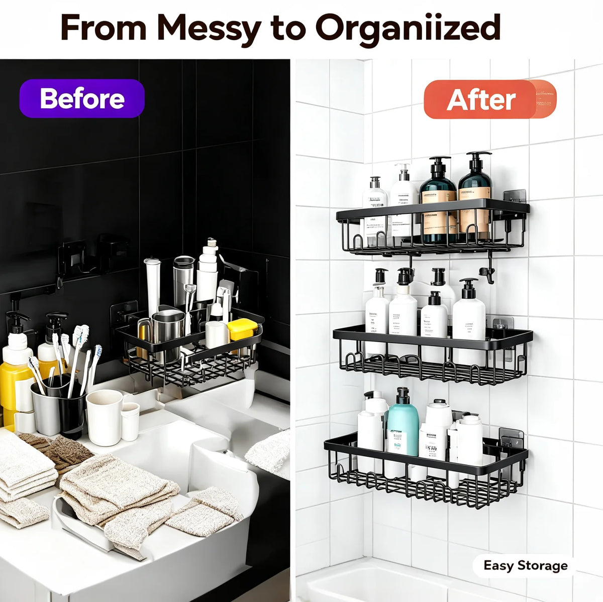 Shower caddy by S And B Enterprise, No Drill 304 stainless steel, adhesive wall mount, black finish