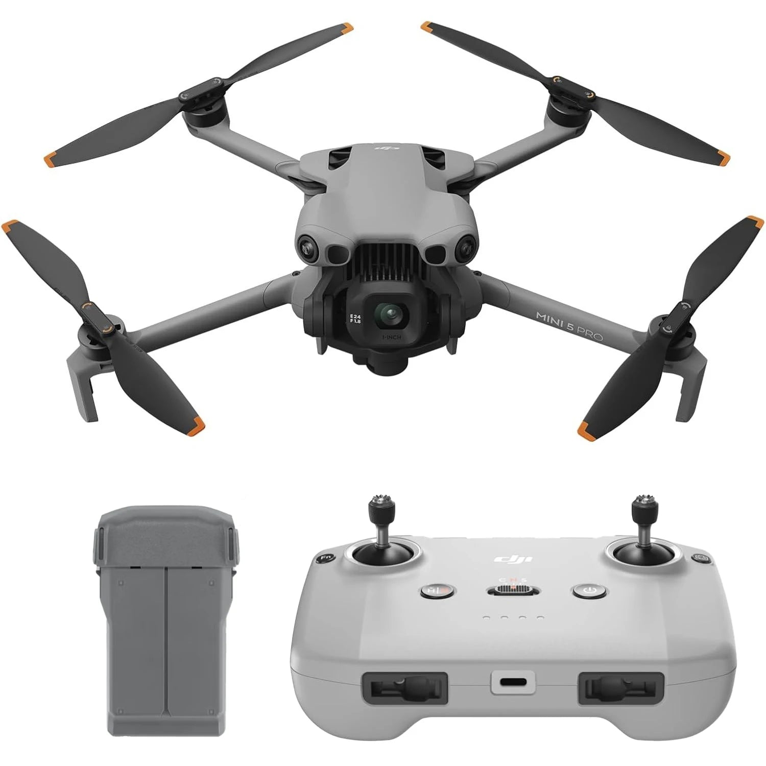 DJI Mini 5 Pro drone bundle with gray quadcopter, controller and intelligent flight battery