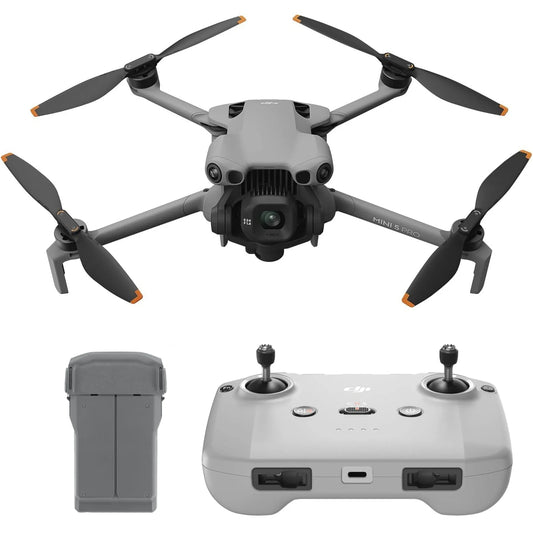 DJI Mini 5 Pro drone bundle with gray quadcopter, controller and intelligent flight battery