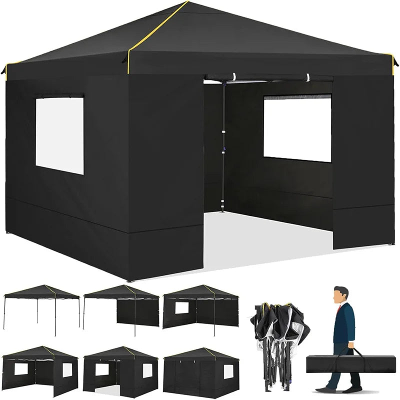 S And B Enterprise 10x10ft pop-up canopy tent with sidewalls and mesh windows, black with yellow trim.