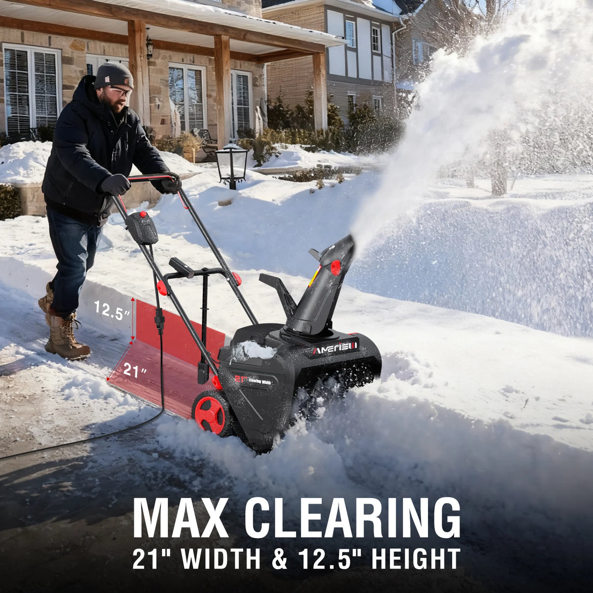 PowerSmart 15A electric snow thrower, 21-inch wide, 180° chute, LED light, black with red accents.