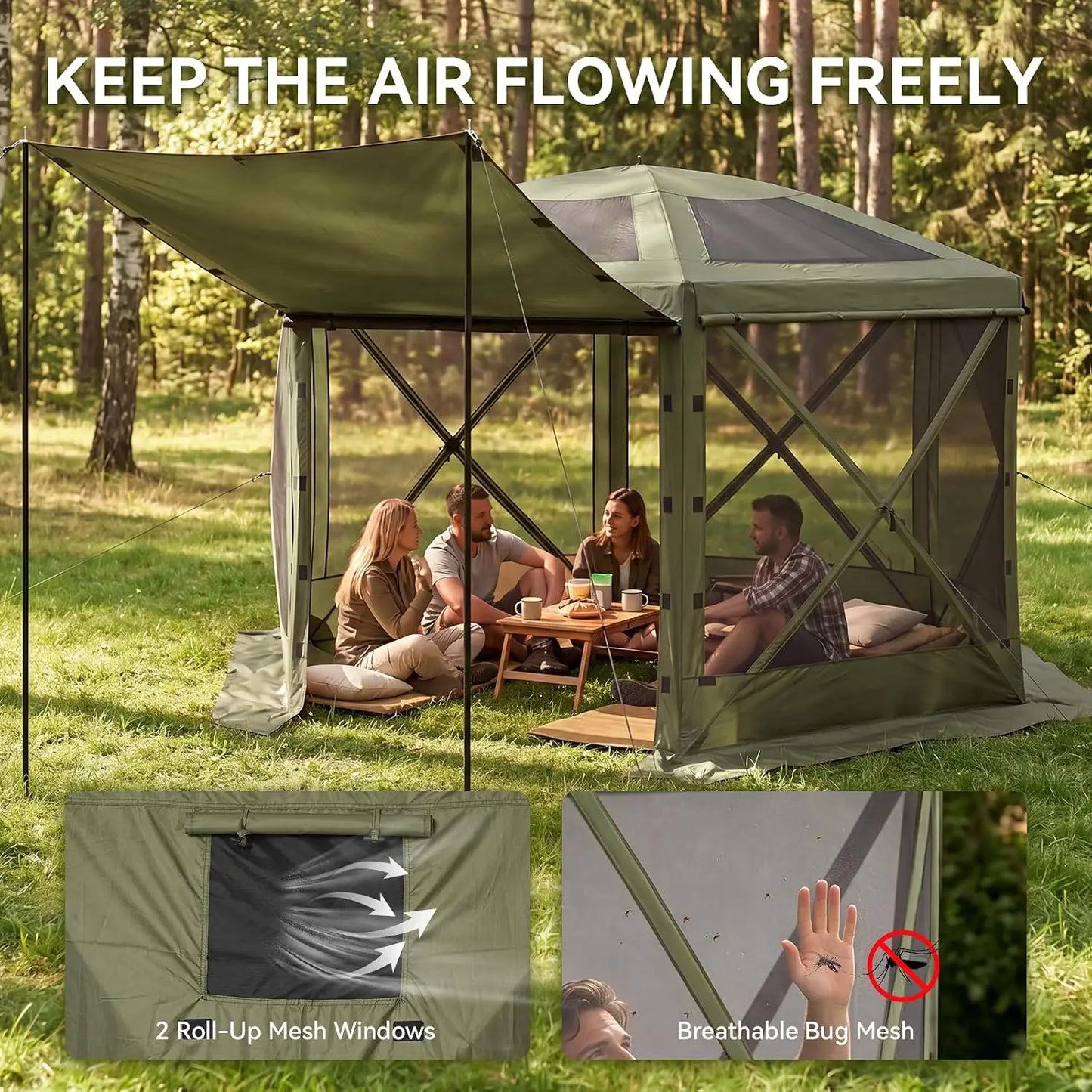 12x12ft pop-up tent pavilion in green with removable top and 2 roll-up mesh windows for outdoor camping