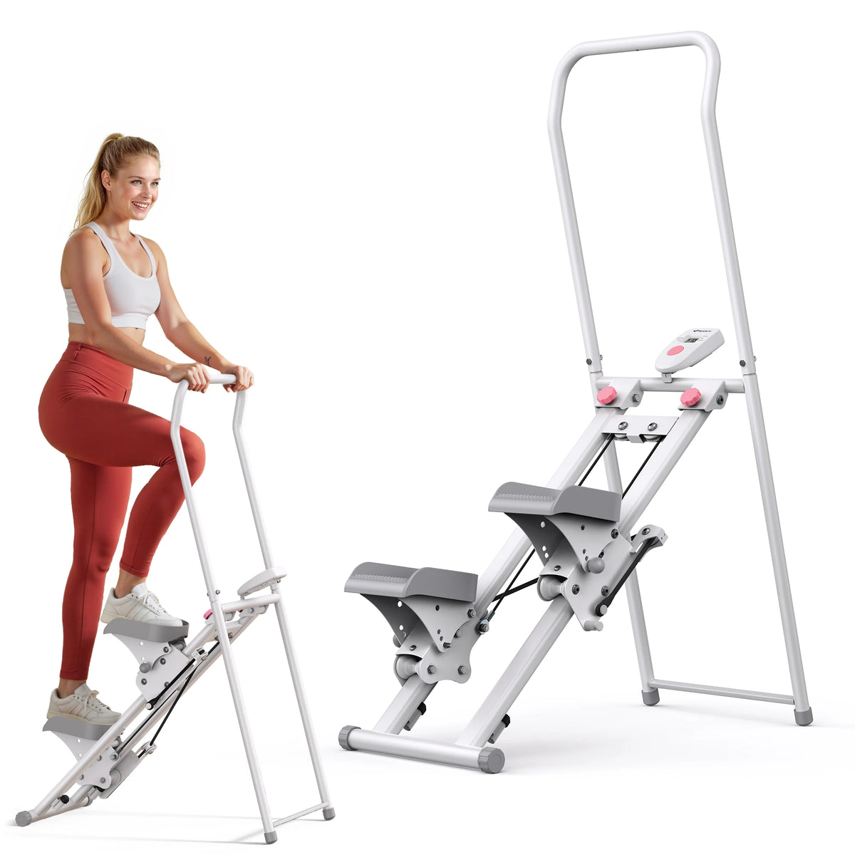 MERACH stair stepper for home gym with adjustable handlebars and pink pedals, white frame, compact folding design.
