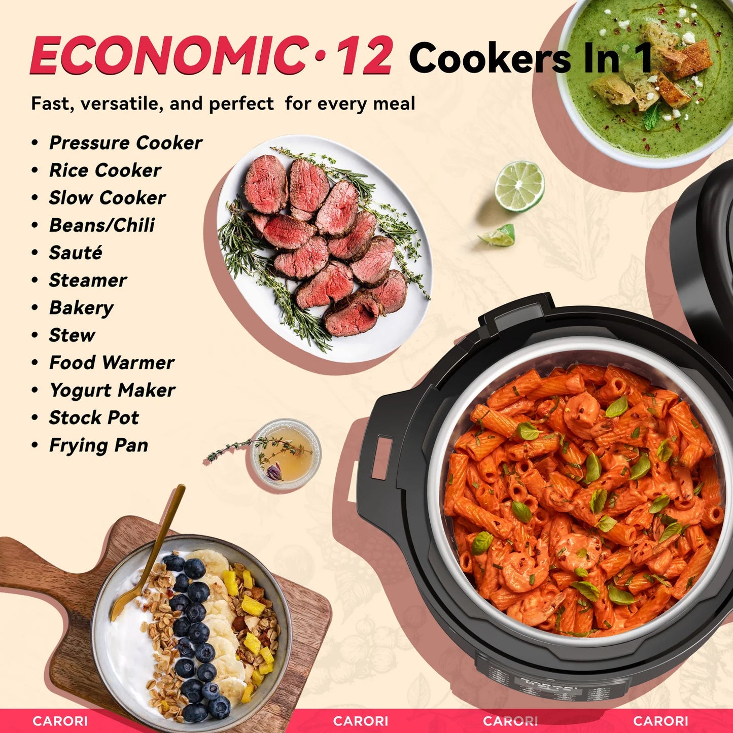 Carori 1200W 12-In-1 Electric Pressure Cooker Multicooker