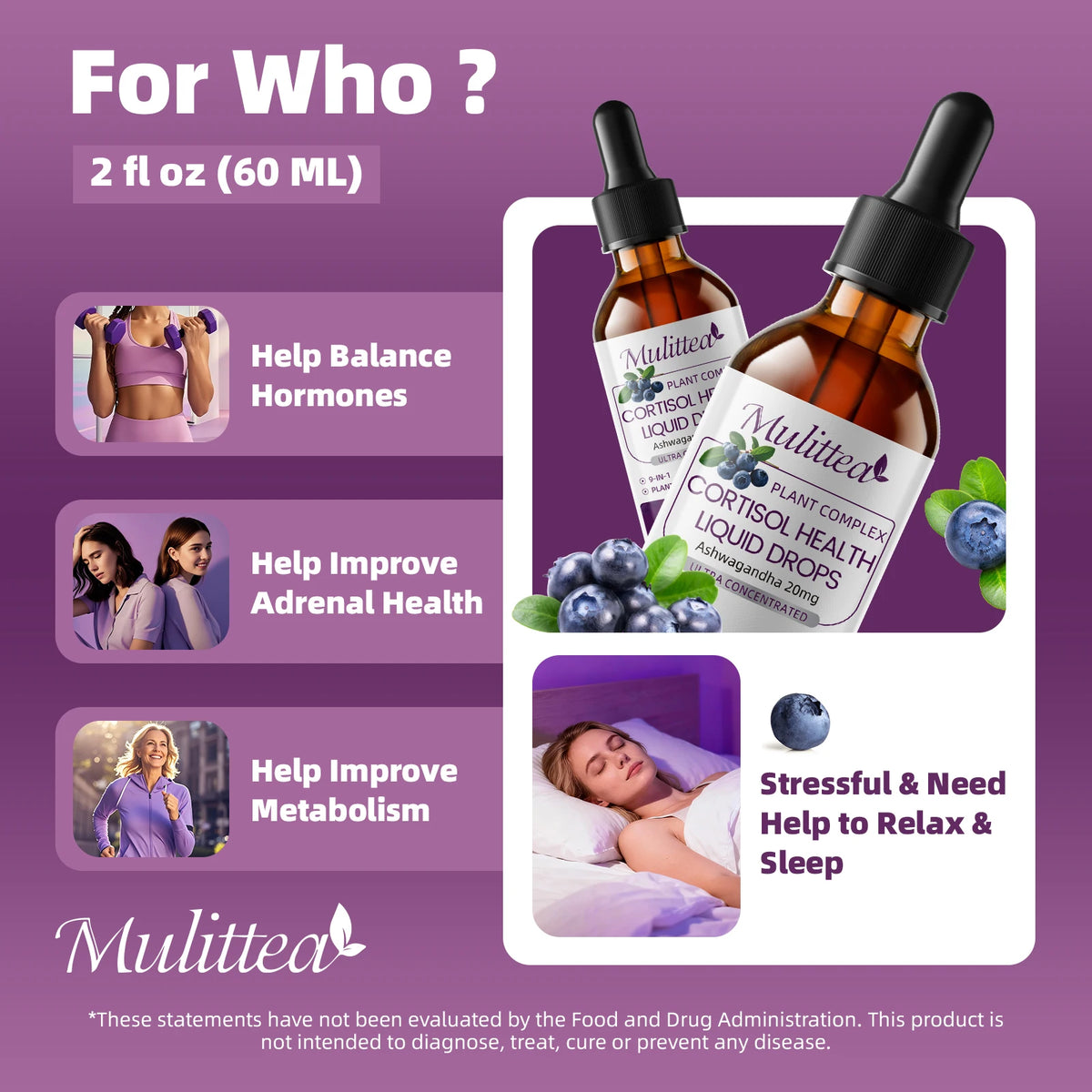 Mulittea Cortisol Health Liquid Drops bottles (2 bottles) with blueberries against purple background