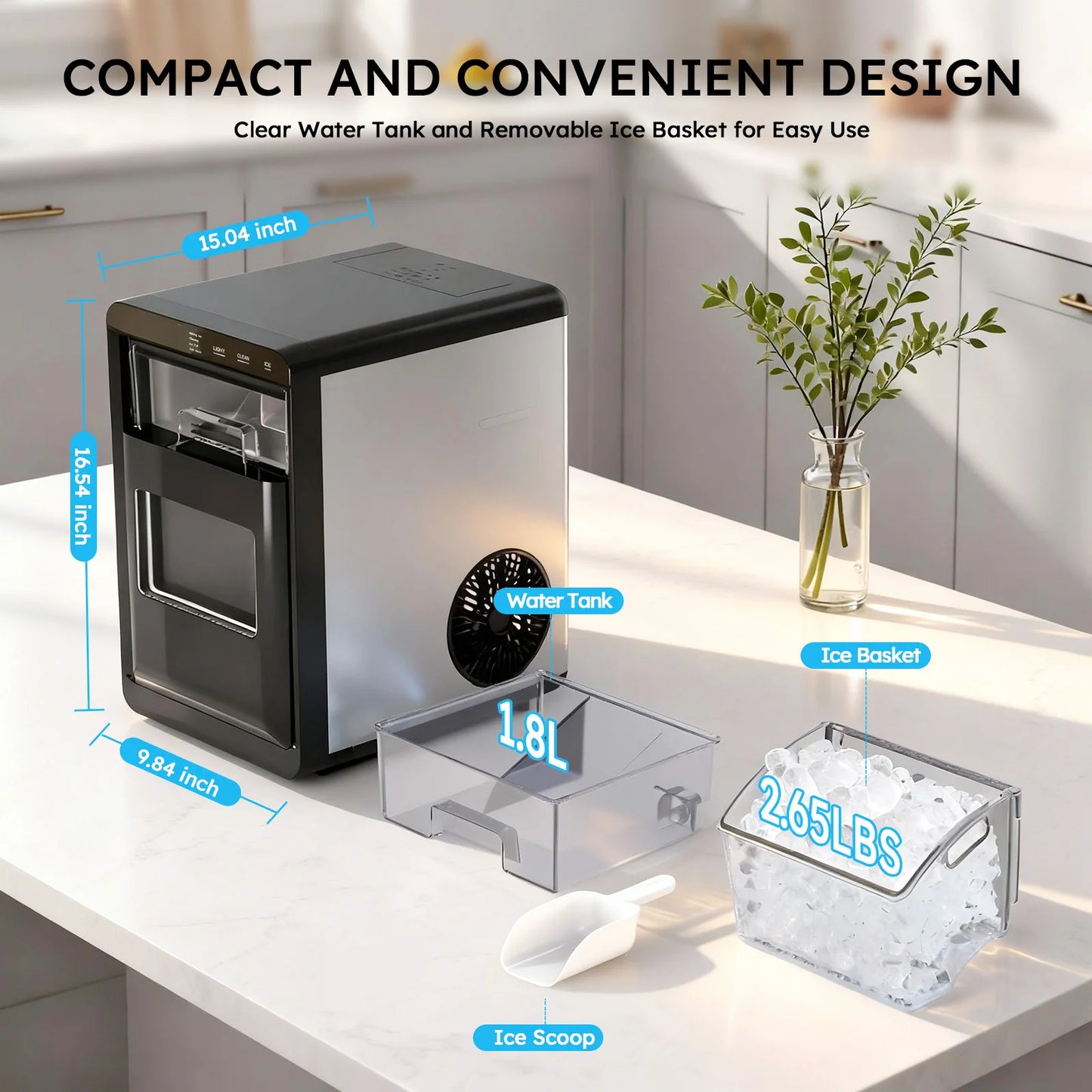 SHICUO Nugget Ice Maker Countertop 44 Lbs Per Day Self-Cleaning
