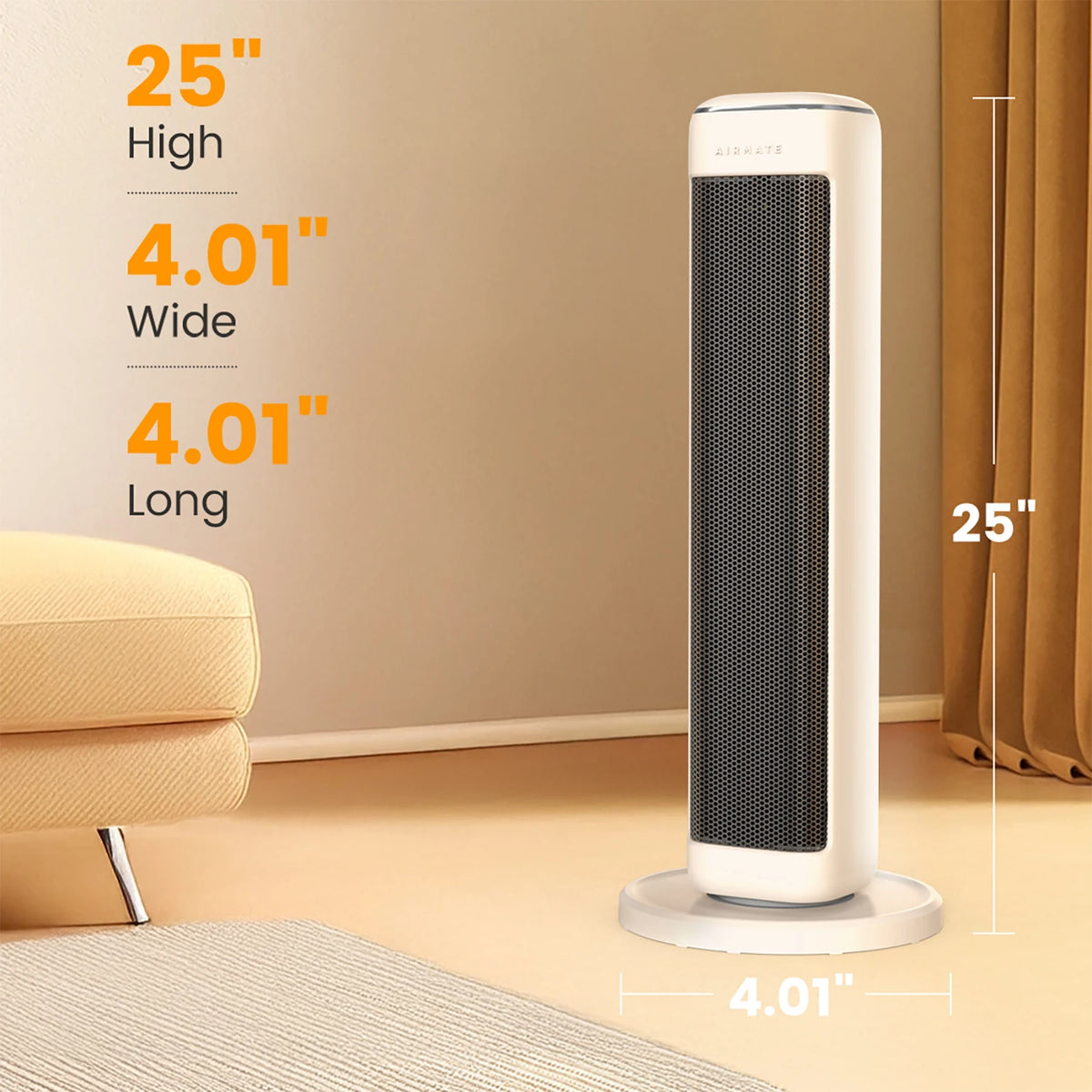 AIRMATE 25-inch ceramic tower space heater with thermostat, white with black grille