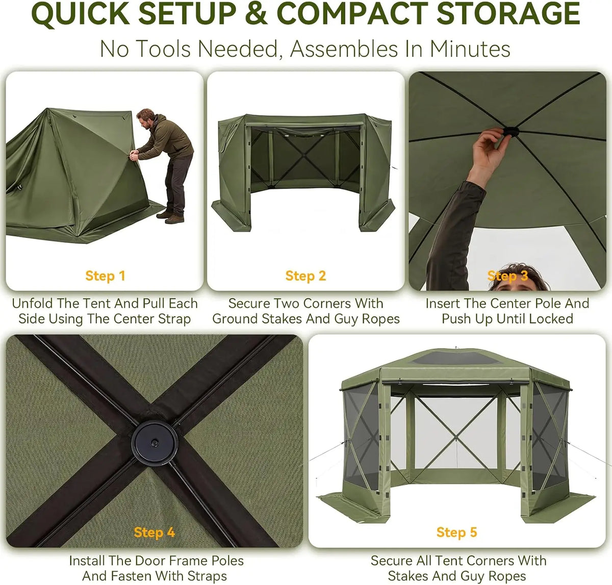 Aoxun 12x12ft pop-up tent with removable top; olive green six-screen pavilion with mesh windows.