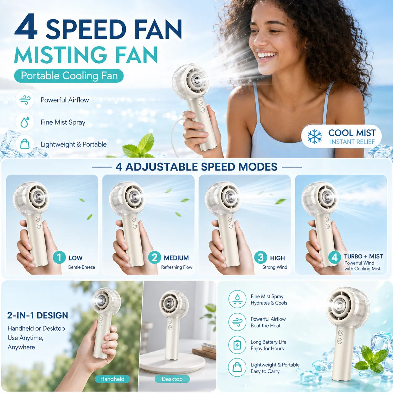 Portable Misting Handheld Fan 6000mAh Rechargeable Battery For Travel by S And B Enterprise