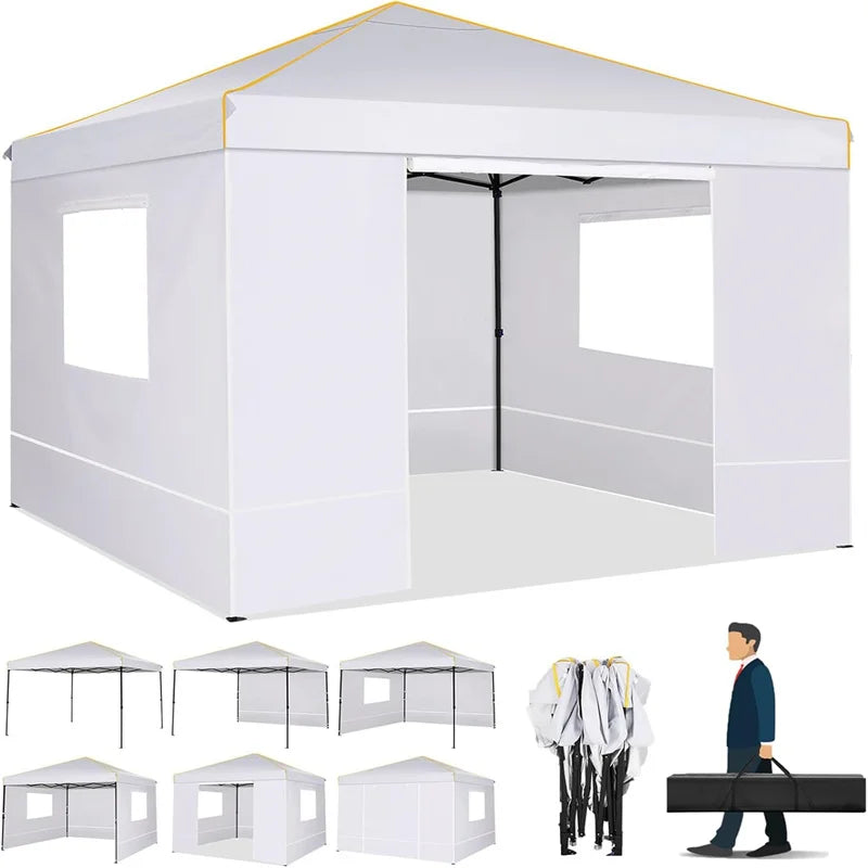 10x10ft pop-up canopy tent by S And B Enterprise with sidewalls, white fabric, yellow trim and mosquito-net windows