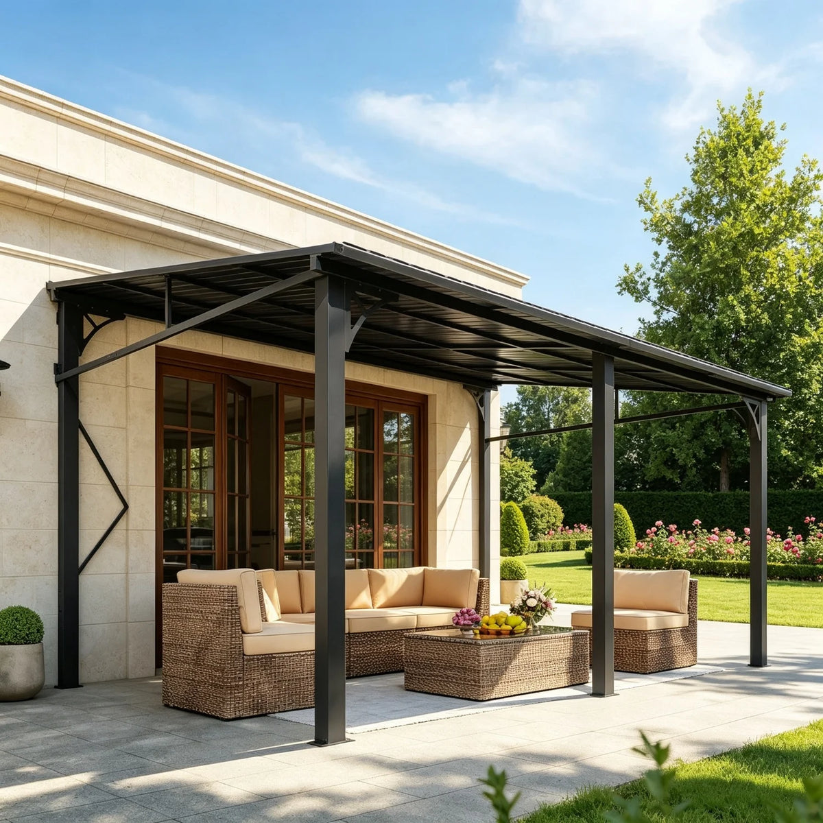 Nordivale 10'x14' wall-mounted pergola gazebo with dark galvanized steel roof and outdoor canopy