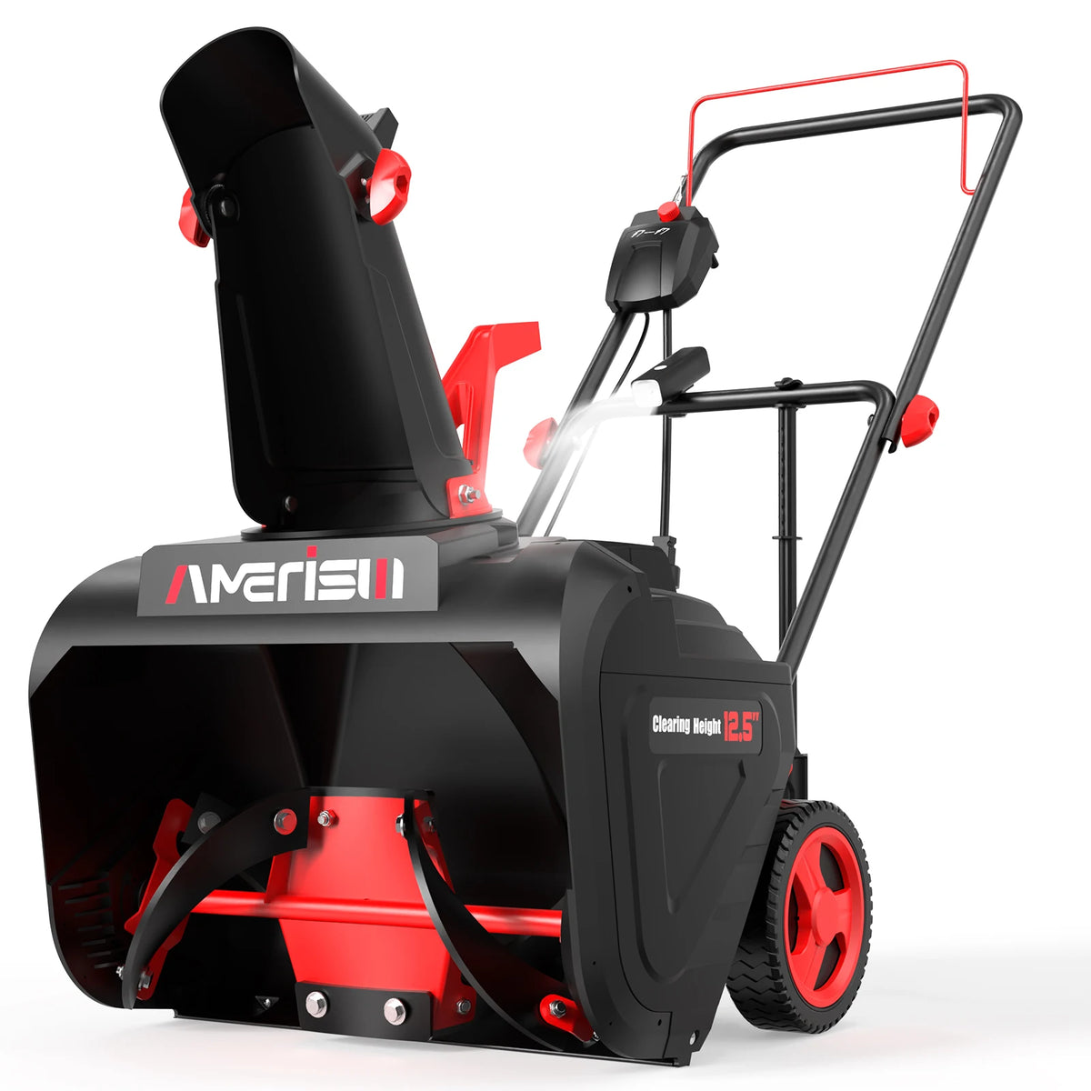 PowerSmart 15A electric snow thrower, black with red accents, 21-inch width and 12.5-inch clearing height
