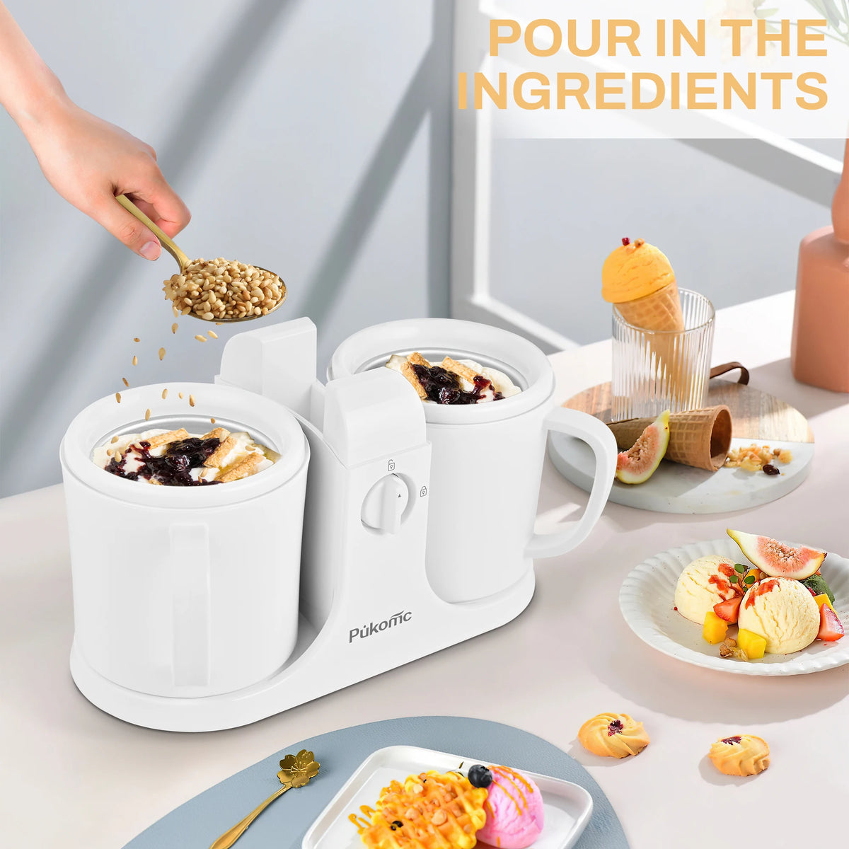 Sumetas Ice Cream Maker & Popsicle Maker, dual‑cup white appliance with toppings